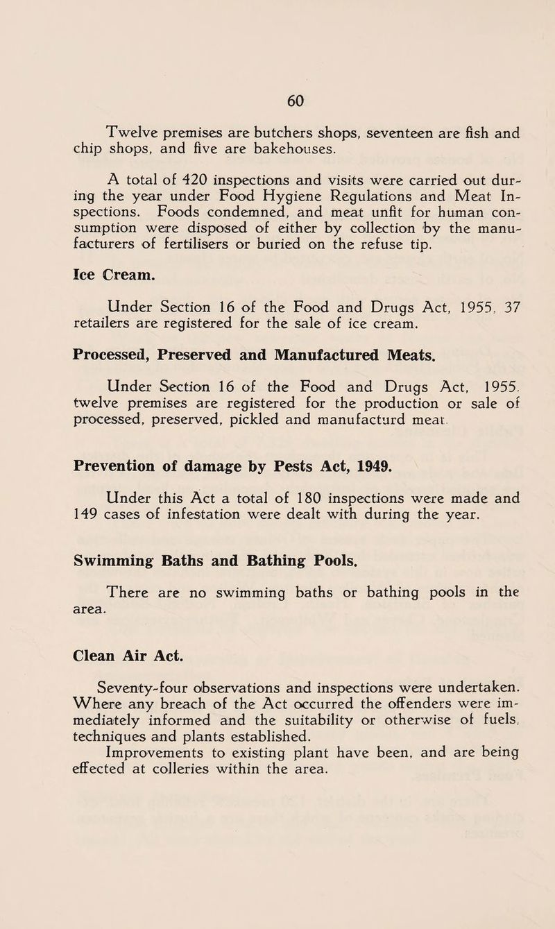 Twelve premises are butchers shops, seventeen are fish and chip shops, and five are bakehouses. A total of 420 inspections and visits were carried out dur¬ ing the year under Food Hygiene Regulations and Meat In¬ spections. Foods condemned, and meat unfit for human con¬ sumption were disposed of either by collection by the manu¬ facturers of fertilisers or buried on the refuse tip. Ice Cream. Under Section 16 of the Food and Drugs Act, 1955, 37 retailers are registered for the sale of ice cream. Processed, Preserved and Manufactured Meats. Under Section 16 of the Food and Drugs Act, 1955. twelve premises are registered for the production or sale of processed, preserved, pickled and manufacturd meat Prevention of damage by Pests Act, 1949. Under this Act a total of 180 inspections were made and 149 cases of infestation were dealt with during the year. Swimming Baths and Bathing Pools. There are no swimming baths or bathing pools in the area. Clean Air Act. Seventy-four observations and inspections were undertaken. Where any breach of the Act occurred the offenders were im¬ mediately informed and the suitability or otherwise of fuels, techniques and plants established. Improvements to existing plant have been, and are being effected at colleries within the area.