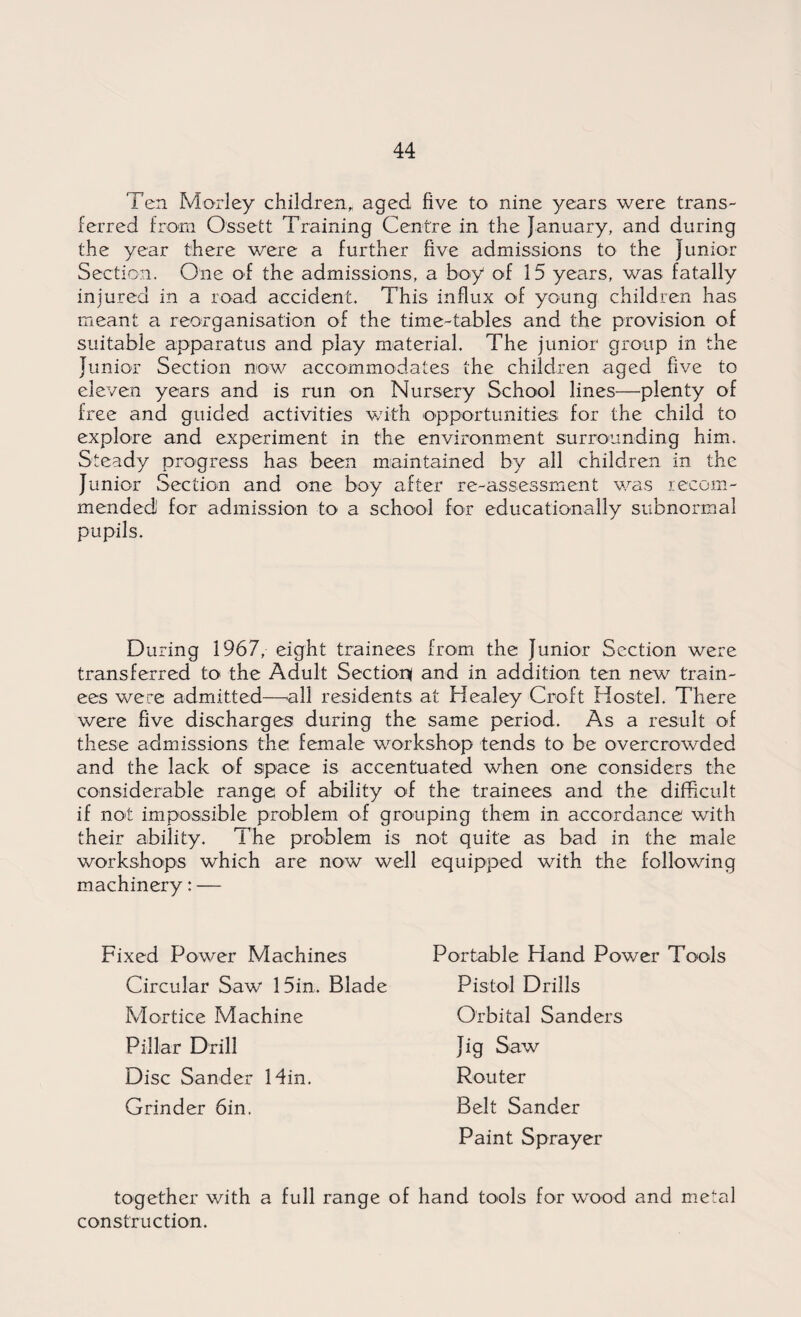 Ten Morley children, aged five to nine years were trans¬ ferred from Ossett Training Centre in the January, and during the year there were a further five admissions to the junior Section, One of the admissions, a boy of 15 years, was fatally injured in a road accident. This influx of young children has meant a reorganisation of the time-tables and the provision of suitable apparatus and play material. The junior group in the Junior Section now accommodates the children aged five to eleven years and is run on Nursery School lines—plenty of free and guided activities with opportunities for the child to explore and experiment in the environment surrounding him. Steady progress has been maintained by all children in the Junior Section and one boy after re-assessment was recom¬ mended for admission to a school for educationally subnormal pupils. During 1967, eight trainees from the Junior Section were transferred to the Adult Section! and in addition ten new train¬ ees were admitted—all residents at Healey Croft Hostel. There were five discharges during the same period. As a result of these admissions the female workshop tends to be overcrowded and the lack of space is accentuated when one considers the considerable range of ability of the trainees and the difficult if not impossible problem of grouping them in accordance with their ability. The problem is not quite as bad in the male workshops which are now well equipped with the following machinery: — Fixed Power Machines Circular Saw 15in. Blade Mortice Machine Pillar Drill Disc Sander Min. Grinder 6in. Portable Hand Power Tools Pistol Drills Orbital Sanders Jig Saw Router Belt Sander Paint Sprayer together with a full range of hand tools for wood and metal construction.