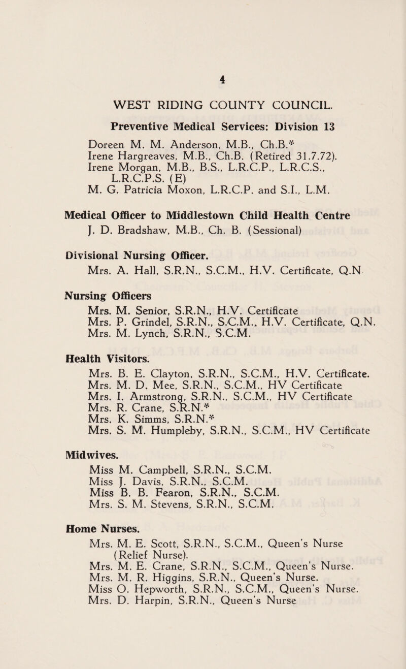 WEST RIDING COUNTY COUNCIL. Preventive Medical Services: Division 13 Doreen M. M. Anderson, M.B., Ch.B.* Irene Hargreaves, M.B., Ch.B. (Retired 31.7.72). Irene Morgan, M.B., B.S., L.R.C.P., L.R.C.S., L.R.C.P.S. (E) M. G. Patricia Moxon, L.R.C.P. and S.I., L.M. Medical Officer to Middlestown Child Health Centre J. D. Bradshaw, M.B., Ch. B. (Sessional) Divisional Nursing Officer. Mrs. A. Hall, S.R.N., S.C.M., H.V. Certificate, Q.N Nursing Officers Mrs. M. Senior, S.R.N., H.V. Certificate Mrs. P. Grindel, S.R.N., S.C.M.„ H.V. Certificate, Q.N. Mrs. M. Lynch, S.R.N., S.C.M. Health Visitors. Mrs. B. E. Clayton, S.R.N., S.C.M., H.V. Certificate. Mrs. M. D. Mee, S.R.N., S.C.M., HV Certificate Mrs. I. Armstrong, S.R.N., S.C.M., HV Certificate Mrs. R. Crane, S.R.N.* Mrs. K. Simms, S.R.N.* Mrs. S, M. Humpleby, S.R.N., S.C.M., HV Certificate Midwives. Miss M. Campbell, S.R.N., S.C.M. Miss J. Davis, S.R.N., S.C.M. Miss B. B. Fearon, S.R.N., S.C.M. Mrs. S. M. Stevens, S.R.N., S.C.M. Home Nurses. Mrs. M. E. Scott, S.R.N., S.C.M., Queen’s Nurse (Relief Nurse). Mrs. M. E. Crane, S.R.N., S.C.M., Queen’s Nurse. Mrs. M. R. Higgins, S.R.N., Queen’s Nurse. Miss O. Hepworth, S.R.N., S.C.M., Queen’s Nurse. Mrs. D. Harpin, S.R.N., Queen’s Nurse