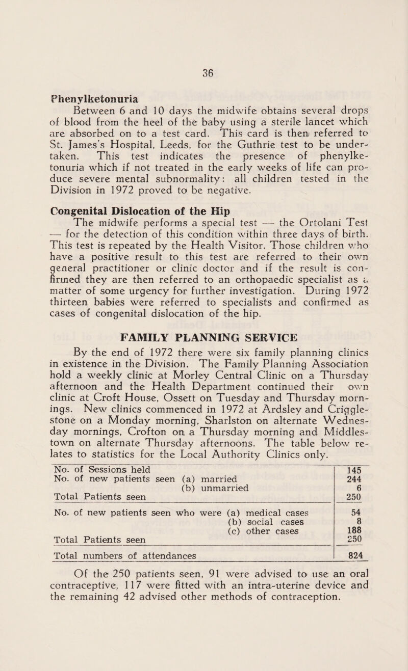 Phenylketonuria Between 6 and 10 days the midwife obtains several drops of blood from the heel of the baby using a sterile lancet which are absorbed on to a test card. This card is them referred to St. James's Hospital, Leeds, for the Guthrie test to be under¬ taken. This test indicates the presence of phenylke¬ tonuria which if not treated in the early weeks of life can pro¬ duce severe mental subnormality: all children tested in the Division in 1972 proved to be negative. Congenital Dislocation of the Kip The midwife performs a special test — the Ortolani Test — for the detection of this condition within three days of birth. This test is repeated by the Health Visitor. Those children who have a positive result to this test are referred to their own general practitioner or clinic doctor and if the result is con¬ firmed they are then referred to an orthopaedic specialist as a matter of some urgency for further investigation. During 1972 thirteen babies were referred to specialists and confirmed as cases of congenital dislocation of the hip. FAMILY PLANNING SERVICE By the end of 1972 there were six family planning clinics in existence in the Division. The Family Planning Association hold a weekly clinic at Morley Central Clinic on a Thursday afternoon and the Health Department continued their own clinic at Croft House, Ossett on Tuesday and Thursday morn¬ ings. New clinics commenced in 1972 at Ardsley and Criggle- stone on a Monday morning, Sharlston on alternate Wednes¬ day mornings, Crofton on a Thursday morning and Middles- town on alternate Thursday afternoons. The table below re¬ lates to statistics for the Local Authority Clinics only. No. of Sessions held No. of new patients seen (a) married (b) unmarried Total Patients seen 145 244 6 250 No. of new patients seen who were (a) medical cases 54 (b) social cases 8 (c) other cases 188 Total Patients seen 250 Total numbers of attendances 824 Of the 250 patients seen, 91 were advised to use an oral contraceptive, 117 were fitted with an intra-uterine device and the remaining 42 advised other methods of contraception.