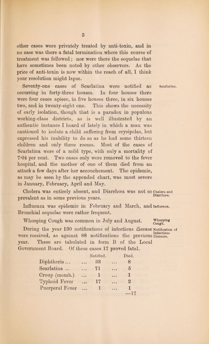 other cases were privately treated by anti-toxin, and in no case was there a fatal termination where this course of treatment was followed; nor were there the sequelae that have sometimes been noted by other observers. As the price of anti-toxin is now within the reach of all, I think your resolution might lapse. Seventy-one cases of Scarlatina were notified as scarlatina, occurring in forty-three houses. In four houses there were four cases apiece, in five houses three, in six houses two, and in twenty-eight one. This shows the necessity of early isolation, though that is a paradox in populous working-class districts, as is well illustrated by an authentic instance I heard of lately in which a man was cautioned to isolate a child suffering from erysipelas, but expressed his inability to do so as he had some thirteen children and only three rooms. Most of the cases of Scarlatina were of a mild type, with only a mortality of 7’04 per cent. Two cases only were removed to the fever hospital, and the mother of one of them died from an attack a few days after her accouchement. The epidemic, as may be seen by the appended chart, was most severe in January, February, April and May. Cholera was entirely absent, and Diarrhoea was not so Cholera and , . . Diarrhoea. prevalent as m some previous years. Influenza was epidemic in February and March, and influenza. Bronchial sequelae were rather frequent. Whooping Cough was common in July and August. Whooping Cough. During the year 130 notifications of infectious disease Notification of were received, as against 88 notifications the previous Diseases,*5 year. These are tabulated in form B of the Local Government Board. Of these cases 17 proved fatal. Notified. Died, Diphtheria ... ... 33 8 Scarlatina ... ... 71 5 Croup (memb.) ... 1 ... 1 Typhoid Fever 17 2 Puerperal Fever ... 1 ... 1 —17