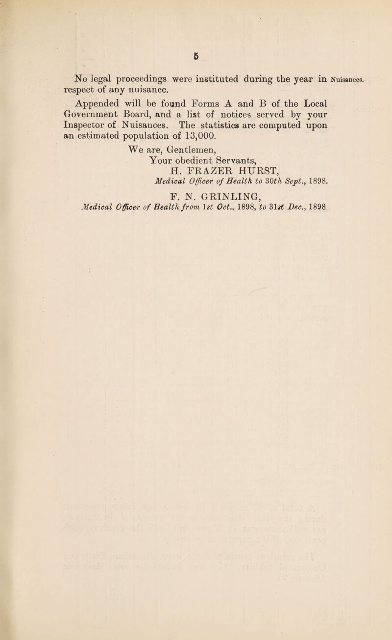 No legal proceedings were instituted during the year in Nuisances, respect of any nuisance. Appended will be found Forms A and B of the Local Government Board, and a list of notices served by your Inspector of Nuisances. The statistics are computed upon an estimated population of 13,000. We are, Gentlemen, Your obedient Servants, H. FRAZER HURST, Medical Officer of Health to 30th Sept., 1898. F. N. GRINLING, Medical Officer of Health from 1st Oct., 1898, to 31$£ Dec., 1898