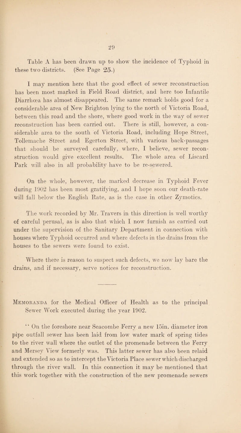 Table A lias been drawn up to show the incidence of Typhoid in these two districts. (See Page 25-) I may mention here that the good effect of sewer reconstruction has been most marked in Field Road district, and here too Infantile Diarrhoea has almost disappeared. The same remark holds good for a considerable area of New Brighton lying to the north of Victoria Road, between this road and the shore, where good work in the way of sewer reconstruction has been carried out. There is still, however, a con¬ siderable area to the south of Victoria Road, including Hope Street, Tollemache Street and Egerton Street, with various back-passages that should be surveyed carefully, where, I believe, sewer recon¬ struction would give excellent results. The whole area of Discard Park will also in all probability have to be re-sewered. On the whole, however, the marked decrease in Typhoid Fever during 1902 has been most gratifying, and I hope soon our death-rate will fall below the English Rate, as is the case in other Zymotics. The work recorded by Mr. Travers in this direction is well worthy of careful perusal, as is also that which I now furnish as carried out under the supervision of the Sanitary Department in connection with houses where Typhoid occurred and where defects in the drains from the houses to the sewers were found to exist. Where there is reason to suspect such defects, we now lay bare the drains, and if necessary, serve notices for reconstruction. Memoranda for the Medical Officer of Health as to the principal Sewer Work executed during the year 1902. On the foreshore near Seacombe Ferry a new 15in. diameter iron pipe outfall sewer has been laid from low water mark of spring tides to the river wall where the outlet of the promenade between the Ferry and Mersey View formerly was. This latter sewer has also been relaid and extended so as to intercept the Victoria Place sewer which discharged through the river wall. In this connection it may be mentioned that this work together with the construction of the new promenade sewers