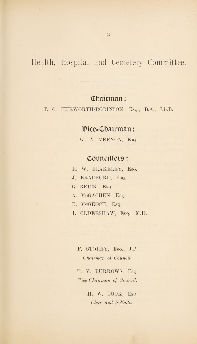 Health, Hospital and Cemetery Committee. Chairman: T. C. HURWORTH-ROBINSON, Esq., B.A., LL.B. IDice^Cbairman: W. A. VERNON, Esq. Councillors: R. W. BLAKELEY, Esq. J. BRADFORD, Esq. G. BRICK, Esq. A. McGACHEN, Esq. E. McGEOCH, Esq. J. OLDERSHAW, Esq., M.D. F. STOREY, Esq., J.P. Chairman of Council. T. V. BURROWS, Esq. Vice-Chairman of Council. H. W. COOK, Esq. Clerk and Solicitor.