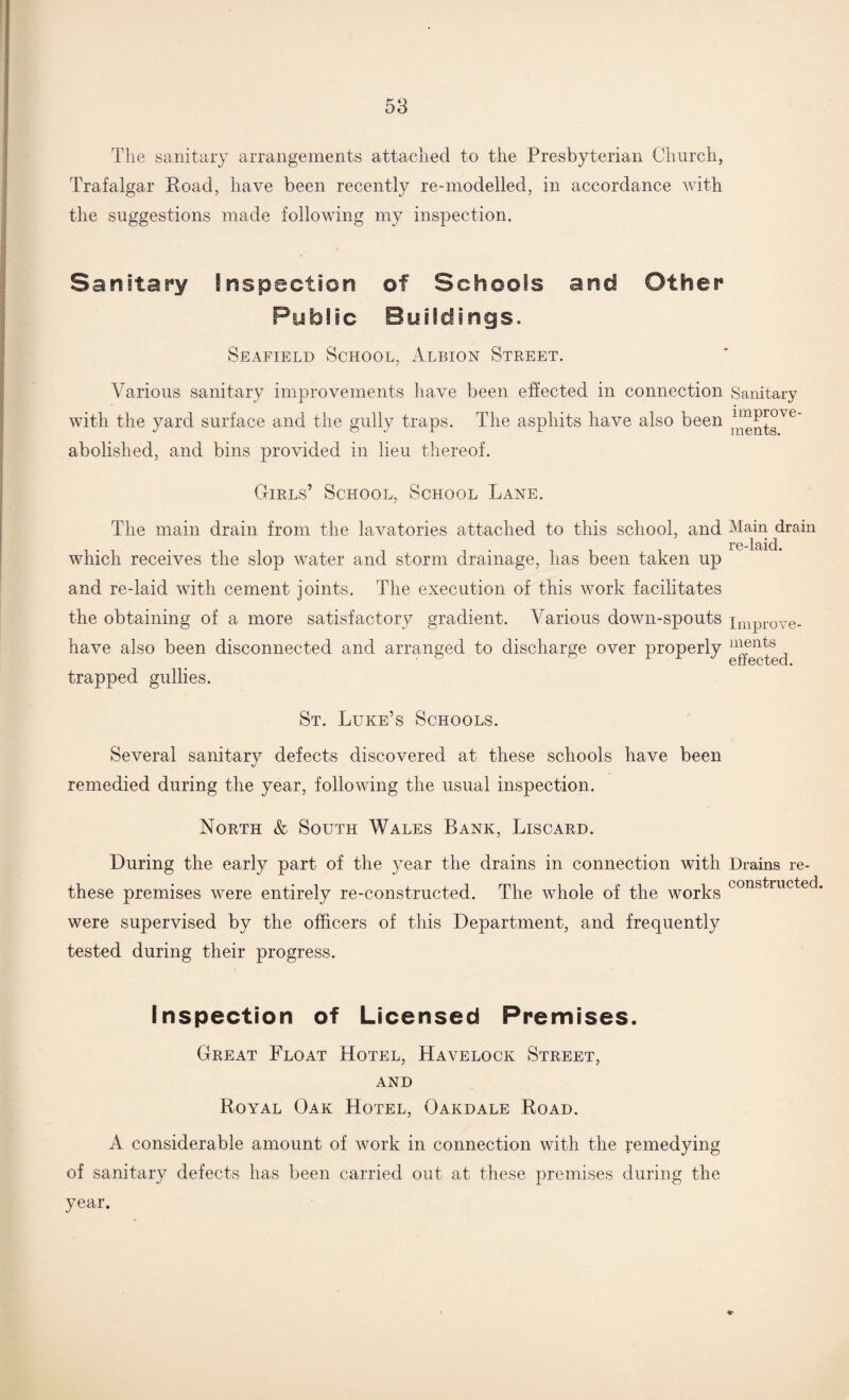 The sanitary arrangements attached to the Presbyterian Church, Trafalgar Road, have been recently re-modelled, in accordance with the suggestions made following my inspection. Sanitary inspection of Schools and Other Public Buildings. Seafield School, Albion Street. Various sanitary improvements have been effected in connection Sanitary with the yard surface and the gully traps. The asphits have also been abolished, and bins provided in lieu thereof. Girls’ School, School Lane. The main drain from the lavatories attached to this school, and Main drain which receives the slop water and storm drainage, has been taken up and re-laid with cement joints. The execution of this work facilitates the obtaining of a more satisfactory gradient. Various down-spouts impL-0ye- have also been disconnected and arranged to discharge over properly trapped gullies. St. Luke’s Schools. Several sanitary defects discovered at these schools have been remedied during the year, following the usual inspection. North & South Wales Bank, Liscard. During the early part of the year the drains in connection with Drains re- these premises were entirely re-constructed. The whole of the works const,nicte^ were supervised by the officers of this Department, and frequently tested during their progress. Inspection of Licensed Premises. Great Float Hotel, Havelock Street, and Royal Oak Hotel, Oakdale Road. A considerable amount of work in connection with the remedying of sanitary defects has been carried out at these premises during the year.