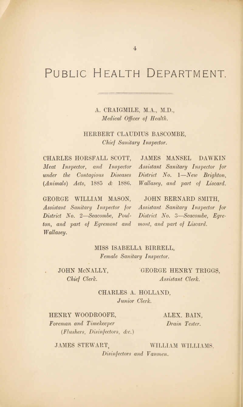 Public Health Department. A. CRAIGMILE, M.A., M.D., Medical Officer of Health. HERBERT CLAUDIUS BASCOMBE, Chief Sanitary Inspector. CHARLES HORSFALL SCOTT, Meat Inspector, and Inspector under the Contagious Diseases (Animals) Acts, 1885 & 1886. GEORGE WILLIAM MASON, Assistant Sanitary Inspector for District No. 2—Seacombe, Poul- ton, and part of Egremont and Wallasey. JAMES MANSEL DAWKIN Assistant Sanitary Inspector for District No. 1—New Brighton, Wallasey, and part of Discard. JOHN BERNARD SMITH, Assistant Sanitary Inspector for District No. 3—Seacombe, Egre¬ mont, and part of Discard. MISS ISABELLA BIRRELL, Female Sanitary Inspector. JOHN McNALLY, GEORGE HENRY TRIGGS, Chief Clerk. Assistant Clerk. CHARLES A. HOLLAND, Junior Clerk. HENRY WOODROOFE, ALEX. BAIN, Foreman and Timekeeper Drain Tester. (Flushers, Disinfectors, Ac.) JAMES STEWART, WILLIAM WILLIAMS. Disinfectors and Vanmen.
