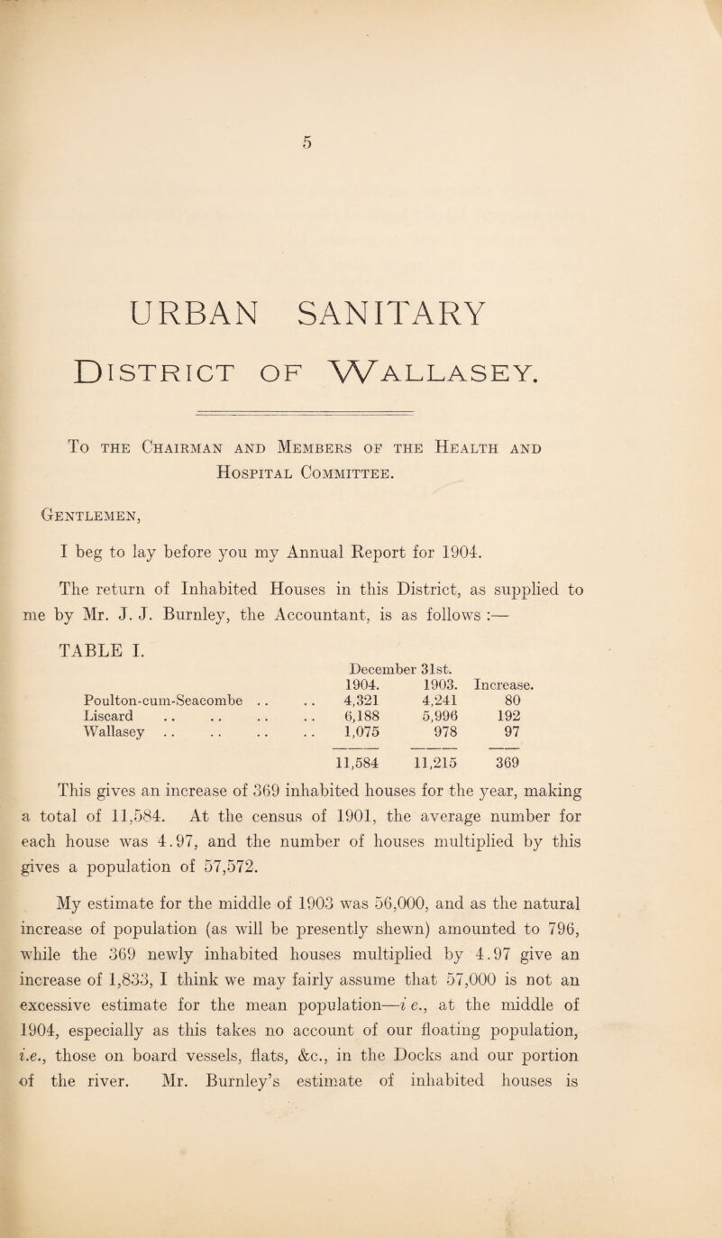 URBAN SANITARY District of Wallasey. To the Chairman and Members of the Health and Hospital Committee. Gentlemen, I beg to lay before you my Annual Report for 1904. The return of Inhabited Houses in this District, as supplied to me by Mr. J. J. Burnley, the Accountant, is as follows :— TABLE I. December 31st. 1904. 1903. Increase. Poulton-cum-Seacombe .. 4,321 4,241 80 Liscard .. 6,188 5,996 192 Wallasey 1,075 978 97 11,584 11,215 369 This gives an increase of 369 inhabited houses for the year, making a total of 11,584. At the census of 1901, the average number for each house was 4.97, and the number of houses multiplied by this gives a population of 57,572. My estimate for the middle of 1903 was 56,000, and as the natural increase of population (as will be presently shewn) amounted to 796, while the 369 newly inhabited houses multiplied by 4.97 give an increase of 1,833, I think we may fairly assume that 57,000 is not an excessive estimate for the mean population—i e., at the middle of 1904, especially as this takes no account of our floating population, i.e., those on board vessels, flats, &c., in the Docks and our portion of the river. Mr. Burnley’s estimate of inhabited houses is