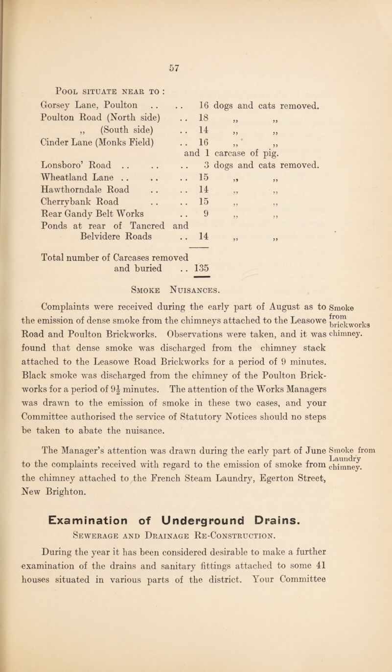 Pool situate near to : Gorsey Lane, Poulton Poulton Road (North side) ,, (South side) Cinder Lane (Monks Field) Lonsboro’ Road Wheatland Lane Hawthorndale Road Cherrybank Road Rear Gandy Belt Works Ponds at rear of Tancred Belvidere Roads Total number of Carcases removed and buried . . 135 Smoke Nuisances. Complaints were received during the early part of August as to Smoke the emission of dense smoke from the chimneys attached to the Leasowe br°™iWOrk3 Road and Poulton Brickworks. Observations were taken, and it was chimney, found that dense smoke was discharged from the chimney stack attached to the Leasowe Road Brickworks for a period of 9 minutes. Black smoke was discharged from the chimney of the Poulton Brick¬ works for a period of 9J minutes. The attention of the Works Managers was drawn to the emission of smoke in these two cases, and your Committee authorised the service of Statutory Notices should no steps be taken to abate the nuisance. The Manager’s attention was drawn during the early part of June Smoke from to the complaints received with regard to the emission of smoke from ^mney. the chimney attached to the French Steam Laundry, Egerton Street, New Brighton. Examination of Underground Drains. Sewerage and Drainage Re-Construction. During the year it has been considered desirable to make a further examination of the drains and sanitary fittings attached to some 41 houses situated in various parts of the district. Your Committee 16 dogs and cats removed. 18 14 16 and 1 carcase of pig. 3 dogs and cats removed. 15 and 14 15 9 14