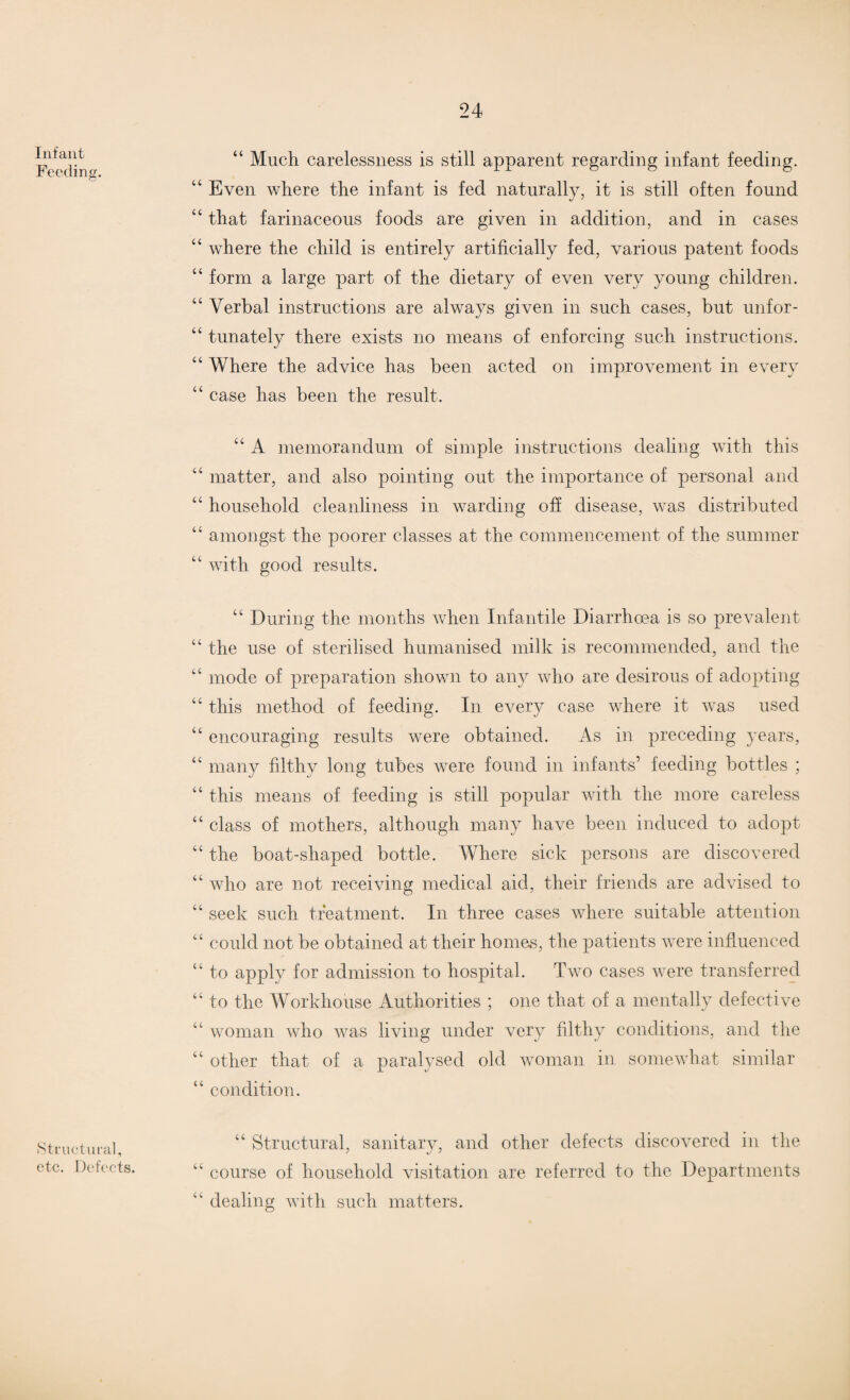 Infant Feeding. Structural, etc. Defects. “ Much carelessness is still apparent regarding infant feeding. “ Even where the infant is fed naturally, it is still often found “ that farinaceous foods are given in addition, and in cases “ where the child is entirely artificially fed, various patent foods “ form a large part of the dietary of even very young children. “ Verbal instructions are always given in such cases, but unfor- “ tunately there exists no means of enforcing such instructions. “ Where the advice has been acted on improvement in every “ case has been the result. “ A memorandum of simple instructions dealing with this “ matter, and also pointing out the importance of personal and “ household cleanliness in warding off disease, was distributed “ amongst the poorer classes at the commencement of the summer “ with good results. “ During the months when Infantile Diarrhoea is so prevalent “ the use of sterilised humanised milk is recommended, and the “ mode of preparation shown to any who are desirous of adopting “ this method of feeding. In every case where it was used “ encouraging results were obtained. As in preceding years, “ many filthy long tubes were found in infants’ feeding bottles ; “ this means of feeding is still popular with the more careless “ class of mothers, although many have been induced to adopt “ the boat-shaped bottle. Where sick persons are discovered “ who are not receiving medical aid, their friends are advised to “ seek such treatment. In three cases where suitable attention “ could not be obtained at their homes, the patients were influenced “ to apply for admission to hospital. Two cases were transferred “ to the Workhouse Authorities ; one that of a mentally defective “ woman who was living under very filthy conditions, and the “ other that of a paralysed old woman in somewhat similar “ condition. “ Structural, sanitary, and other defects discovered in the “ course of household visitation are referred to the Departments “ dealing with such matters.