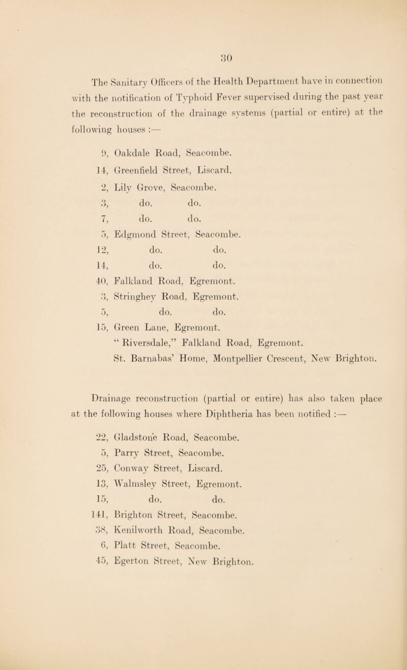 The Sanitary Officers of the Health Department have in connection with the notification of Typhoid Fever supervised during the past year the reconstruction of the drainage systems (partial or entire) at the following houses :— 9, Oakdale Hoad, Seacombe. 14, Greenfield Street, Discard. 2, Lily Grove, Seacombe. 3, do. do. 7, do. do. 5, Edgmond Street, Seacombe. 12, do. do. 14, do. do. 40, Falkland Road, Egremont. 3, Stringhey Road, Egremont. 5, do. do. 15, Green Lane, Egremont. “ Riversdale,” Falkland Road, Egremont. St. Barnabas’ Home, Montpellier Crescent, New Brighton. Drainage reconstruction (partial or entire) has also taken place at the following houses where Diphtheria has been notified 22, Gladstone Road, Seacombe. 5, Parry Street, Seacombe. 25, Conway Street, Discard. 13, Walmsley Street, Egremont. 15, do. do. 141, Brighton Street, Seacombe. 38, Kenilworth Road, Seacombe. 6, Platt Street, Seacombe. 45, Egerton Street, New Brighton.