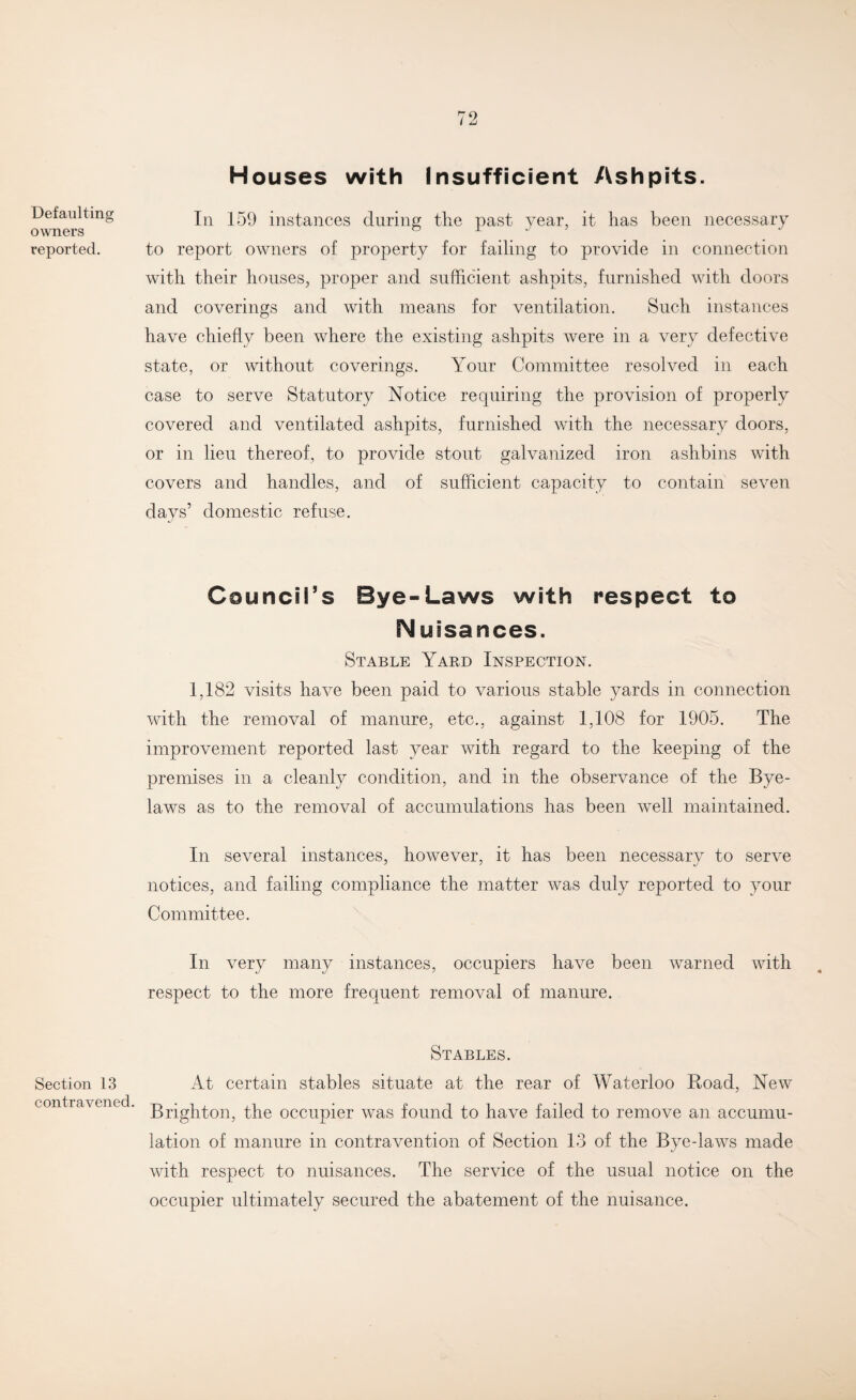 Defaulting owners reported. Section 13 contravened. Houses with Insufficient Ashpits. In 159 instances during the past year, it has been necessary to report owners of property for failing to provide in connection with their houses, proper and sufficient ashpits, furnished with doors and coverings and with means for ventilation. Such instances have chiefly been where the existing ashpits were in a very defective state, or without coverings. Your Committee resolved in each case to serve Statutory Notice requiring the provision of properly covered and ventilated ashpits, furnished with the necessary doors, or in lieu thereof, to provide stout galvanized iron ashbins with covers and handles, and of sufficient capacity to contain seven days’ domestic refuse. Council's Bye-Laws with respect to Nuisances. Stable Yard Inspection. 1,182 visits have been paid to various stable yards in connection with the removal of manure, etc., against 1,108 for 1905. The improvement reported last year with regard to the keeping of the premises in a cleanly condition, and in the observance of the Bye¬ laws as to the removal of accumulations has been well maintained. In several instances, however, it has been necessarv to serve notices, and failing compliance the matter was duly reported to your Committee. In very many instances, occupiers have been warned with respect to the more frequent removal of manure. Stables. At certain stables situate at the rear of Waterloo Road, New Brighton, the occupier was found to have failed to remove an accumu¬ lation of manure in contravention of Section 13 of the Bye-laws made with respect to nuisances. The service of the usual notice on the occupier ultimately secured the abatement of the nuisance.