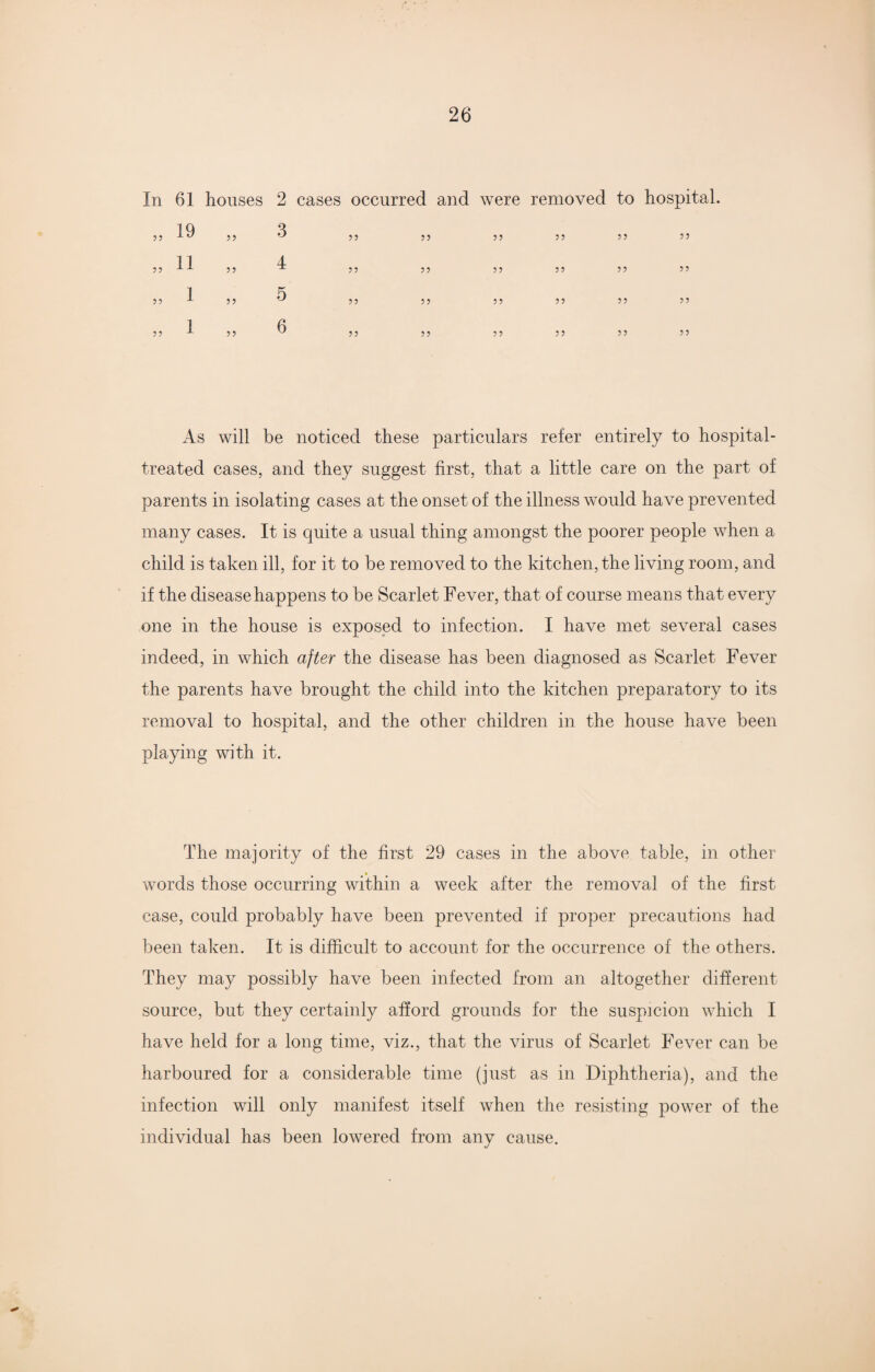 In 61 houses 2 cases occurred and were removed to hospital. 55 55 ^ 5) 55 55 55 55 5 5 55 11 55 4 55 55 5 5 55 55 55 1 55 5 55 5 5 55 55 55 55 1 55 6 55 55 55 55 5 5 As will be noticed these particulars refer entirely to hospital- treated cases, and they suggest first, that a little care on the part of parents in isolating cases at the onset of the illness would have prevented many cases. It is quite a usual thing amongst the poorer people when a child is taken ill, for it to be removed to the kitchen, the living room, and if the disease happens to be Scarlet Fever, that of course means that every one in the house is exposed to infection. I have met several cases indeed, in which after the disease has been diagnosed as Scarlet Fever the parents have brought the child into the kitchen preparatory to its removal to hospital, and the other children in the house have been playing with it. The majority of the first 29 cases in the above table, in other words those occurring within a week after the removal of the first case, could probably have been prevented if proper precautions had been taken. It is difficult to account for the occurrence of the others. They may possibly have been infected from an altogether different source, but they certainly afford grounds for the suspicion which I have held for a long time, viz., that the virus of Scarlet Fever can be harboured for a considerable time (just as in Diphtheria), and the infection will only manifest itself when the resisting power of the individual has been lowered from any cause.