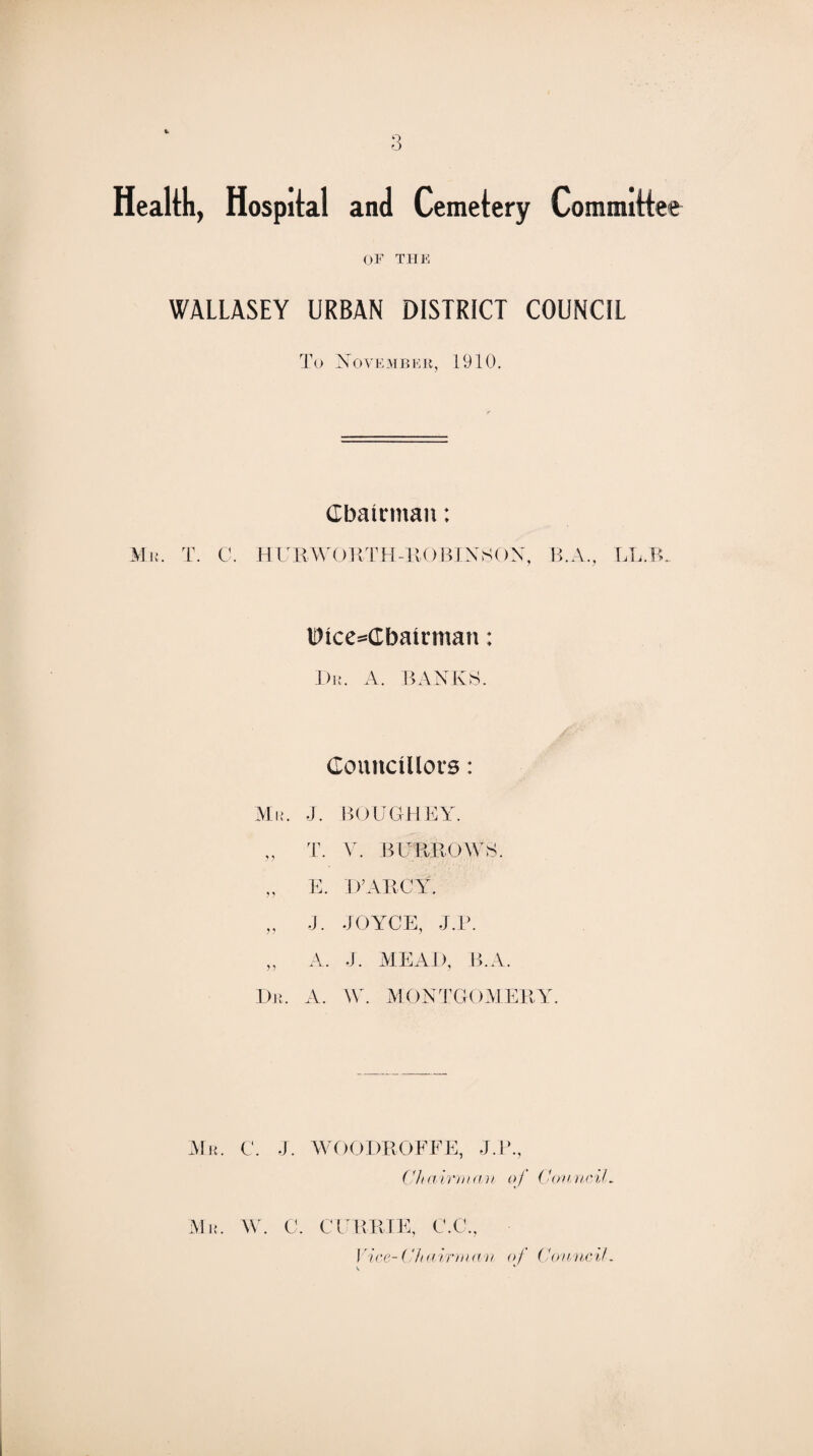 Health, Hospital and Cemetery Committee OF THE WALLASEY URBAN DISTRICT COUNCIL To November, 1910. Chairman; Mr. T. C. HURWORT H -RO BIX .SON, B.A., LL.1 Dice^Gbairman: I)r, A. BANKS. Councillors: Mr. J. BOUGH EY. y y T. V. BURROWS. y y E. D’j \RCY. y y -J. JOYCE, J.P. y y A. J. MEAD, B.A. Dr, A. W. MONTGOME Mr. C. J. WOODROFFE, J.P., Chairman of Council. Mr, W. C. CURRIE, C.O., Vice-Chairman of Council.