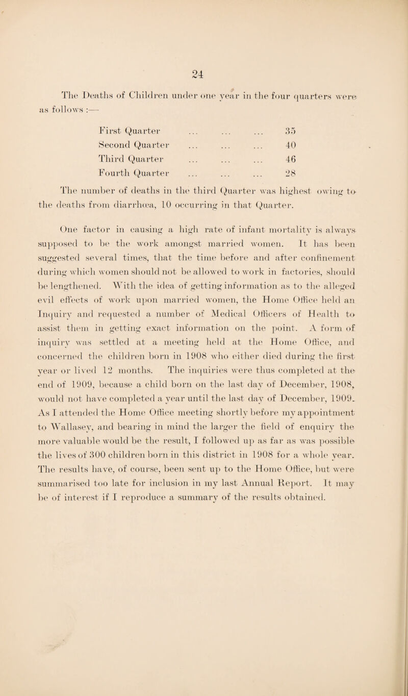 24 The Deaths of Children under one year in the four quarters were as follows :— First Quarter 35 Second Quarter 40 Third Quarter 46 Fourth Quarter 28 The number of deaths in the third Quarter was highest owing to the deaths from diarrhoea, 10 occurring in that Quarter. One factor in causing a high rate of infant mortality is always- supposed to be the work amongst married women. It lias been suggested several times, that the time before and after confinement during which women should not be allowed to work in factories, should be lengthened. With the idea of getting information as to the alleged evil effects of work upon married women, the Home Office held an Inquiry and requested a number of Medical Officers of Health to assist them in getting exact information on the point. A form of inquiry was settled at a meeting held at the Home Office, and concerned the children born in 1908 who either died during the first- year or lived 12 months. The inquiries were thus completed at the end of 1909, because a child born on the last day of December, 1908r would not have completed a year until the last day of December, 1909. As I attended the Home Office meeting shortly before my appointment to Wallasey, and bearing in mind the larger the field of enquiry the more valuable would be the result, I followed up as far as was possible the lives of 300 children born in this district in 1908 for a whole year. The results have, of course, been sent up to the Home Office, but were summarised too late for inclusion in my last Annual Report. It may