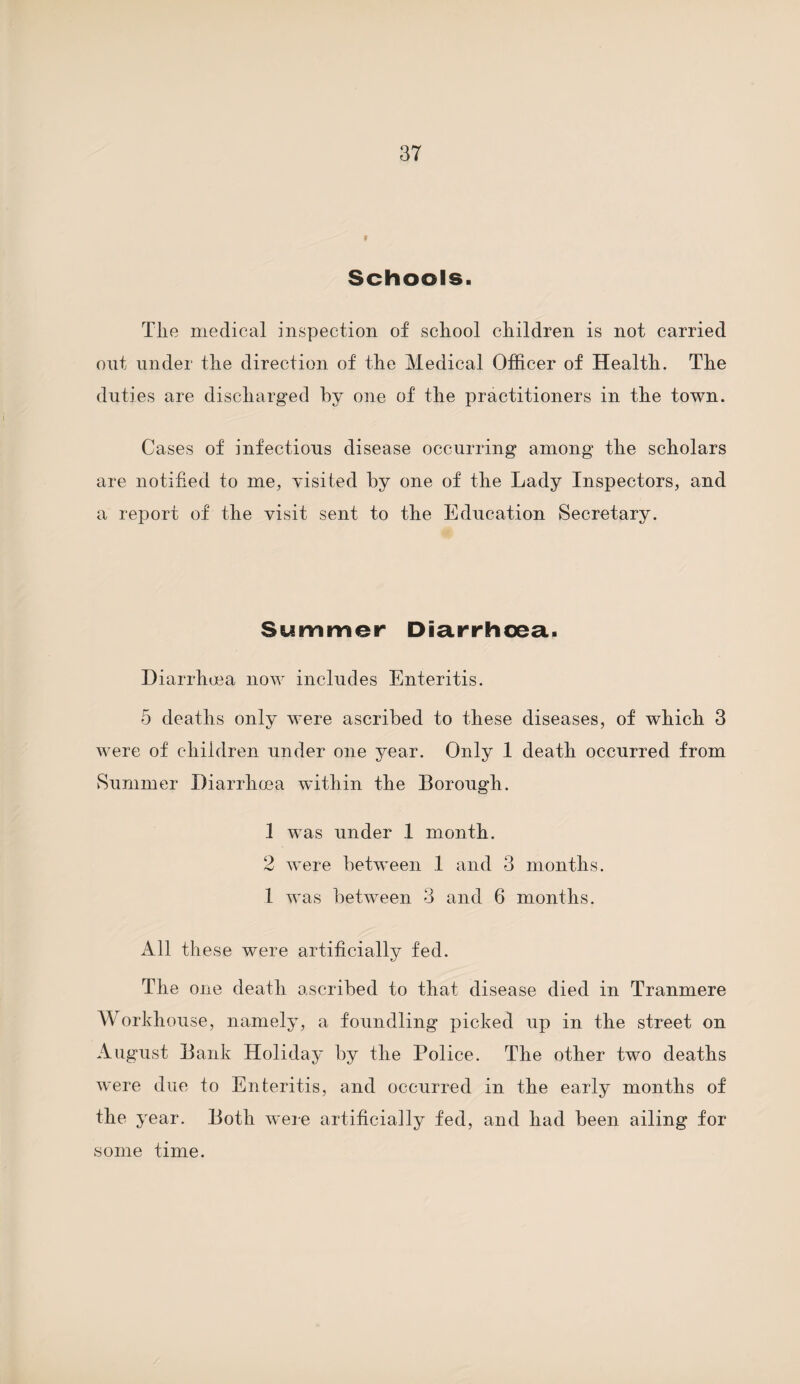 Schools. The medical inspection of school children is not carried out under the direction of the Medical Officer of Health. The duties are discharged by one of the practitioners in the town. Cases of infectious disease occurring among the scholars are notified to me, visited by one of the Lady Inspectors, and a report of the visit sent to the Education Secretary. Summer Diarrhoea. Diarrhoea now includes Enteritis. 5 deaths only were ascribed to these diseases, of which 3 were of children under one year. Only 1 death occurred from Summer Diarrhoea wfithin the Borough. 1 was under 1 month. 2 were between 1 and 3 months. 1 was between 3 and 6 months. All these were artificially fed. The one death ascribed to that disease died in Tranmere Workhouse, namely, a foundling picked up in the street on August Bank Holiday by the Police. The other two deaths were due to Enteritis, and occurred in the early months of the year. Both were artificiaily fed, and had been ailing for some time.