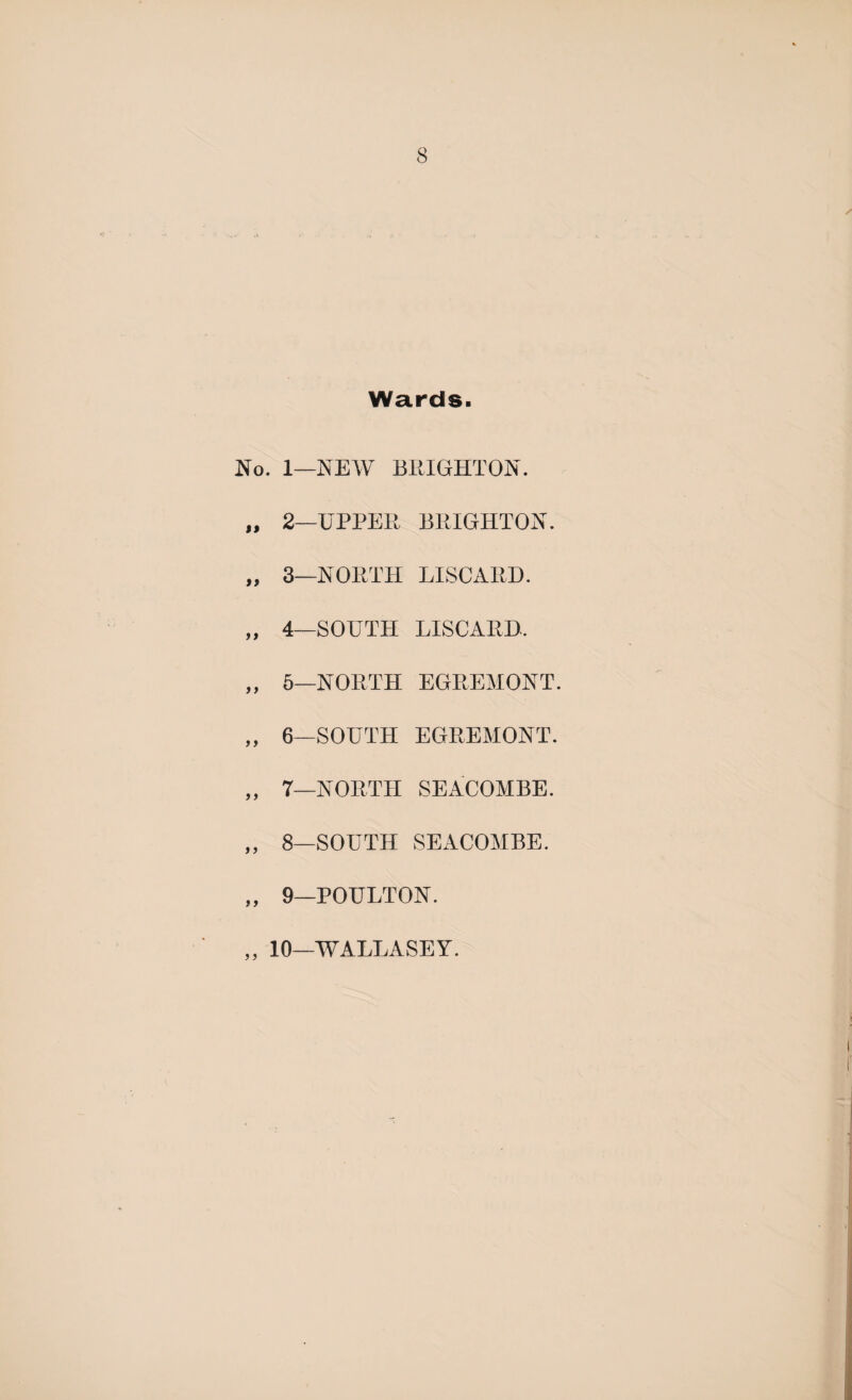 Wards. No. 1—NEW BRIGHTON. It 2—UPPER BRIGHTON. )J 3—NORTH LISCARD. If 4—SOUTH LISCARD.. f f 5—NORTH EGREMONT. } f 6—SOUTH EGREMONT. 1 f 7—NORTH SEACOMBE. f) 8—SOUTH SEACOMBE. i f 9—POULTON. ft 10—WALLASEY.