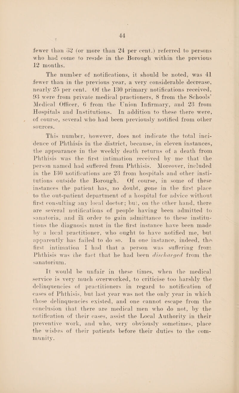 fewer than 32 (or more than 24 per cent.) referred to persons who had come to reside in the Borough within the previous 12 months. The number of notifications, it should be noted, was 41 fewer than in the previous year, a very considerable decrease, nearly 25 per cent. Of the 130 primary notifications received, 93 were from private medical practioners, 8 from the Schools’ Medical Officer, 6 from the Union Infirmary, and 23 from Hospitals and Institutions. In addition to these there were, of course, several who had been previously notified from other sources. This number, however, does not indicate the total inci¬ dence of Phthisis in the district, because, in eleven instances, the appearance in the weekly death returns of a death from Phthisis was the first intimation received by me that the person named had suffered from Phthisis. Moreover, included in the 130 notifications are 23 from hospitals and other insti¬ tutions outside the Borough. Of course, in some of these instances the patient has, no doubt, gone in the first place to the out-patient department of a hospital for advice without first consulting any local doctor; but, on the other hand, there are several notifications of people having been admitted to sanatoria, and in order to gain admittance to these institu¬ tions the diagnosis must in the first instance have been made by a local practitioner, who ought to have notified me, but apparently has failed to do so. In one instance, indeed, the* first intimation I had that a person was suffering from Phthisis was the fact that he had been discharged from the sanatorium. It would be unfair in these times, when the medical service is very much overworked, to criticise too harshly the delinquencies of practitioners in regard to notification of cases of Phthisis, but last vear was not the only year in which those delinquencies existed, and one cannot escape from the conclusion that there are medical men who do not, by the notification of their cases, assist the Local Authority in their preventive work, and who, very obviously sometimes, place the wishes of their patients before their duties to the com¬ munity.