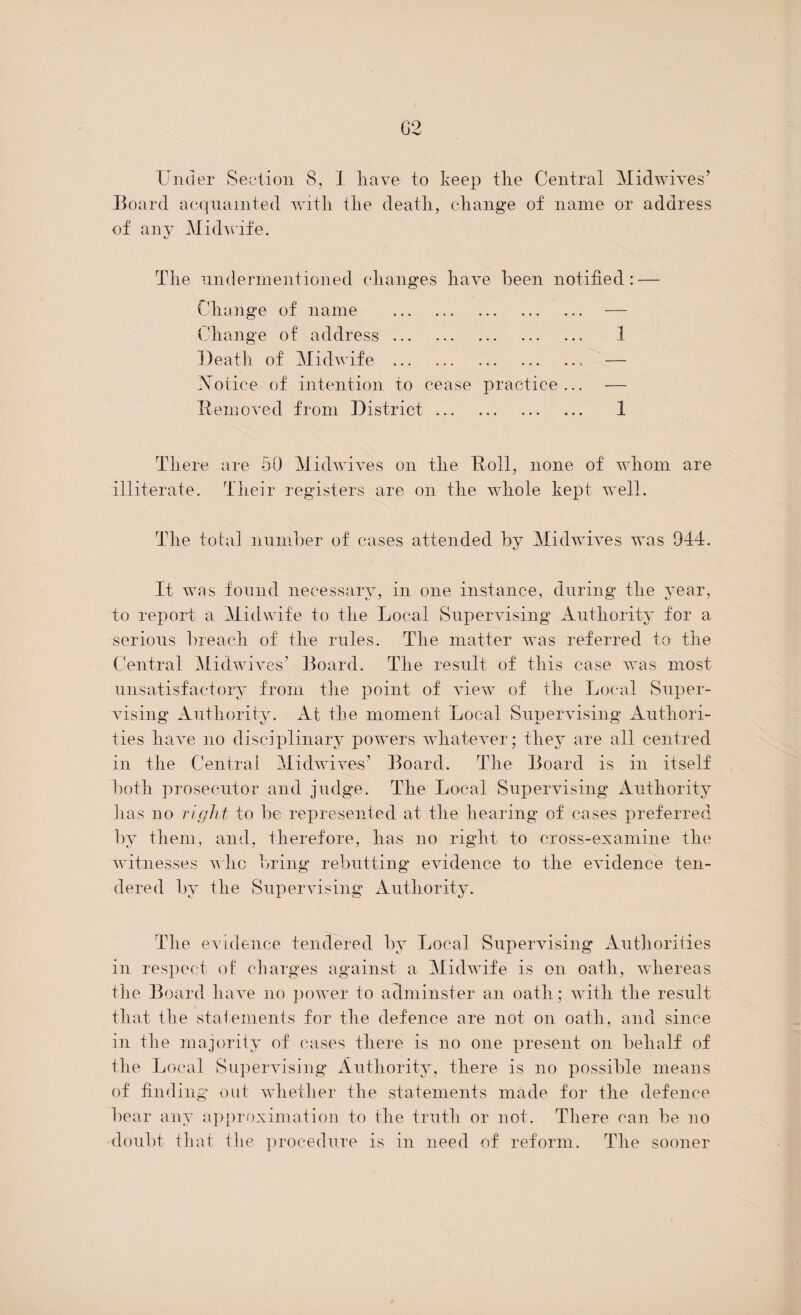 Under Section 8, I have to keep the Central Midwives’ Board acquainted with the death, change of name or address of any Midwife. The undermentioned changes have been notified: — Change of name . — Change of address. 1 Death of Midwife . — Notice of intention to cease practice... — Removed from District. 1 There are 50 Midwives on the Roll, none of whom are illiterate. Their registers are on the whole kept well. The total number of cases attended by Midwives was 944. It was found necessary, in one instance, during the year, to report a Midwife to the Local Supervising Authority for a serious breach of the rules. The matter was referred to the Central Midwives1 Board. The result of this case was most unsatisfactory from the point of view of the Local Super¬ vising Authority. At the moment Local Supervising Authori¬ ties have no disciplinary powers whatever; they are all centred in the Central Midwives’ Board. The Board is in itself both prosecutor and judge. The Local Supervising Authority has no right to be represented at the hearing of cases preferred by them, and, therefore, has no right to cross-examine the witnesses who bring rebutting evidence to the evidence ten¬ dered by the Supervising Authority. The evidence tendered by Local Supervising Authorities in respect of charges against a Midwife is on oath, whereas the Board have no power to adminster an oath; with the result that the statements for the defence are not on oath, and since in the majority of cases there is no one present on behalf of the Local Supervising Authority, there is no possible means of finding out whether the statements made for the defence bear any approximation to the truth or not. There can be no doubt that the procedure is in need of reform. The sooner