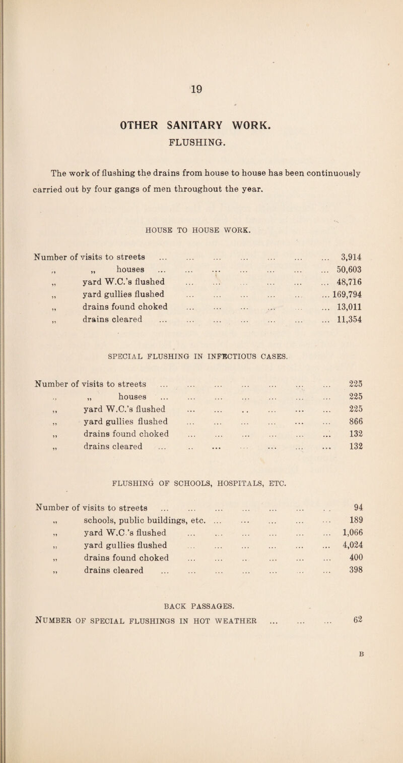 OTHER SANITARY WORK. FLUSHING. The work of flushing the drains from house to house has been continuously- carried out by four gangs of men throughout the year. HOUSE TO HOUSE WORK. Number of visits to streets „ „ houses „ yard W.C.’s flushed „ yard gullies flushed „ drains found choked ,, drains cleared SPECIAL FLUSHING IN INFECTIOUS CASES. Number of visits to streets „ houses ,, yard W.C.’s flushed . „ yard gullies flushed ,, drains found choked „ drains cleared FLUSHING OF SCHOOLS, HOSPITALS, ETC. Number of visits to streets „ schools, public buildings, etc. ... „ yard W.C.’s flushed ,, yard gullies flushed ... . „ drains found choked ,, drains cleared 3,914 50,603 48,716 169,794 13,011 11,354 225 225 225 866 132 132 94 189 1,066 4,024 400 398 BACK PASSAGES. Number of special flushings in hot weather . 62 B