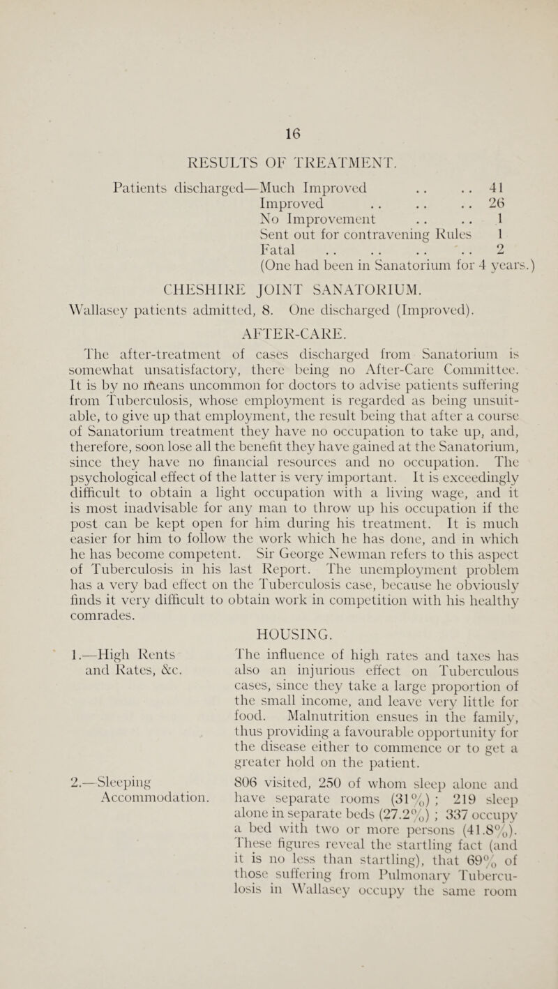 RESULTS OF TREATMENT. Patients discharged—Much Improved . . . . 41 Improved . . . . . . 26 No Improvement . . . . 1 Sent out for contravening Rules 1 Fatal . . . . . . '. . 2 (One had been in Sanatorium for 4 years.) CHESHIRE JOINT SANATORIUM. W'allase}/ patients admitted, 8. One discharged (Improved). AFTER-CARE. The after-treatment of cases discharged from Sanatorium is somewhat unsatisfactory, there being no x\fter-Care Committee. It is by no ifieans uncommon for doctors to advise patients sullering from Tuberculosis, whose employment is regarded as being unsuit¬ able, to give up that employment, the result being that after a course of Sanatorium treatment they have no occupation to take up, and, therefore, soon lose all the benefit they have gained at the Sanatorium, since they have no financial resources and no occupation. The psychological effect of the latter is very important. It is exceedingly difficult to obtain a light occupation with a h\dng wage, and it is most inadvisable for any man to throw up his occupation if the post can be kept open for him during his treatment. It is much easier for him to follow the work which he has done, and in which he has become competent. Sir George Newman refers to this aspect of Tuberculosis in his last Report. The unemployment problem has a very bad eftect on the Tuberculosis case, because he obviously finds it very difficult to obtain work in competition with his healthy comrades. 1.—High Rents and Rates, Nc. 2.—Sleeping Accommodation. HOUSING. 4'he influence of high rates and taxes has also an injurious effect on Tuberculous cases, since they take a large proportion of the small income, and leave very little for food. Malnutrition ensues in tlie family, thus providing a favourable opportunity for the disease either to commence or to get a greater hold on the patient. 806 visited, 250 of whom sleep alone and have separate rooms (31%) ; 219 sleep alone in separate beds (27.2%) ; 337 occupy a bed with two or more persons (41.8%). These figures reveal the startling fact (and it is no less than startling), that 69Jo of those suffering from Puhnonarv Tubercu¬ losis in Wallasey occupy the same room