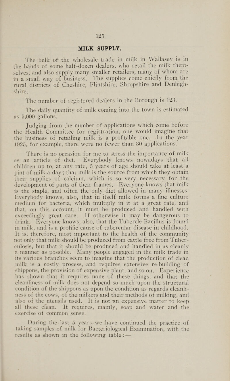 MILK SUPPLY. The bulk of the wholesale trade in milk in Wallasey is in the hands of some half-dozen dealers, who retail the milk them¬ selves, and also supply many smaller retailers, many of whom are in a small way of business. The supplies come chiefly from the rural districts of Cheshire, Flintshire, Shropshire and Denbigh¬ shire. The number of registered dealers in the Borough is 123. The daily quantity of milk coming into the town is estimated as 5,000 gallons. Judging from the number of applications which come before the Health Committee for registration, one would imagine that the business of retailing milk is a profitable one. In the year 1925, for example, there were no fewer than 30 applications. There is no occasion for me to stress the importance of milk as an article of diet. Everybody know's nowadays that all children up to, at any rate, 5 years of age should take at least a pint of milk a day; that milk is the source from which they obtain their supplies of calcium, which is so very necessary for the development of parts of their frames. Everyone knows that milk is the staple, and often the only diet allowed in many illnesses. Everybody knows, also, that in itself milk forms a fine culture medium for bacteria, wdiich multiply in it at a great rate, and that, on this account, it must be produced and handled with exceedingly great care. If otherwise it may be dangerous to drink. Everyone knows, also, that the Tubercle Bacillus is found in milk, and is a prolific cause of tubercular disease in childhood. It is, therefore, most important to the health of the community not only that milk should be produced from cattle free from Tuber¬ culosis, but that it should be produced and handled in as cleanly a manner as possible. Many people engaged in the milk trade in its various branches seem to imagine that the production of cleaAa milk is a costly process, and requires extensive re-building of shippons, the provision of expensive plant, and so on. Experience has shown that it requires none of these things, and that the cleanliness of milk does not depend so much upon the structural condition of the shippons as upon the condition as regards cleanli¬ ness of the cows, of the milkers and their methods of milking, and also of the utensils used. It is not an expensive matter to keep all these clean. It requires, mainly, soap and w^ater and the exercise of common sense. During the last 5 years we have continued the practice of taking samples of milk for Bacteriological Examination, with the results as shown in the following table: —