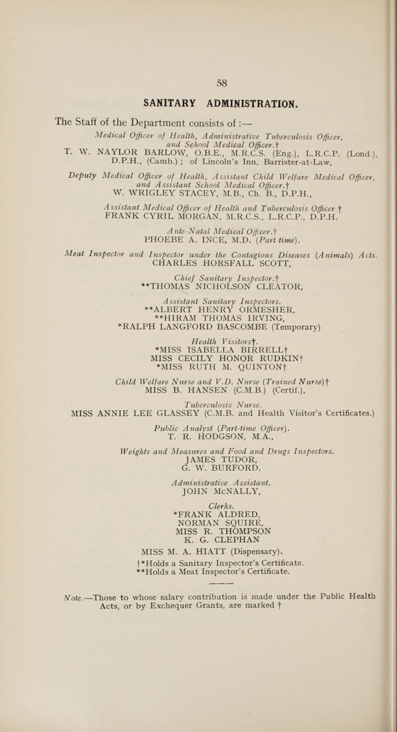 SANITARY ADMINISTRATION. The Staff of the Department consists of:— Medical Officer of Health, Administrative Tuberculosis Officer, and School Medical Officer.f T. W. NAYLOR BARLOW, O.B.E., M.R.C.S. (Eng.), L.R.C.P. (Lond.), D.P.H., (Camb.) ; of Lincoln’s Inn, Barrister-at-Law, Deputy Medical Officer of Health, Assistant Child Welfare Medical Officer, and Assistant School Medical Officer.J W. WRIGLEY STACEY, M.B., Ch. B., D.P.H., Assistant Medical Officer of Health and Tuberculosis Officer f FRANK CYRIL MORGAN, M.R.C.S., L.R.C.P., D.P.H. Ante-Natal Medical Officer.^ PHOEBE A. INCE, M.D. [Part time). Meat Inspector and Inspector under the Contagious Diseases (Animals) Acts. CHARLES HORSFALL SCOTT, Chief Sanitary Inspector.f ♦♦THOMAS NICHOLSON CLEATOR, Assistant Sanitary Inspectors. ** ALBERT HENRY ORMESHER, ♦♦HIRAM THOMAS IRVING, * RALPH LANGFORD BASCOMBE (Temporary) Health Visitors ♦MISS ISABELLA BIRRELLJ MISS CECILY HONOR RUDKINt ♦MISS RUTH M. QUINTONt Child Welfare Nurse and V.D. Nurse (Trained Nurse)f MISS B. HANSEN (C.M.B.) (Certif.), Tuberculosis Nurse. MISS ANNIE LEE GLASSEY (C.M.B. and Health Visitor’s Certificates.) Public Analyst (Part-time Officer). T. R. HODGSON, M.A., Weights and Measures and Food and Drugs Inspectors. JAMES TUDOR, G. Wr. BURFORD. A dministrative A ssistant. JOHN McNALLY, Clerks. ♦FRANK ALDRED, NORMAN SQUIRE, MISS R. THOMPSON K. G. CLEPHAN MISS M. A. HIATT (Dispensary). j*Holds a Sanitary Inspector’s Certificate. ♦♦Holds a Meat Inspector’s Certificate. Note.—Those to whose salary contribution is made under the Public Health Acts, or by Exchequer Grants, are marked f