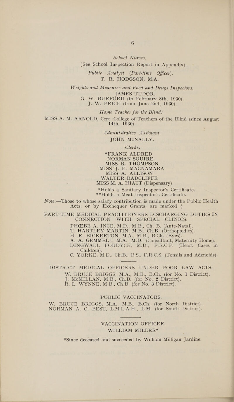 School Nurses. (See School Inspection Report in Appendix). Public Analyst (Part-time Officer). T. R. HODGSON, M.A. Weights and Measures and Food and Drugs Inspectors. JAMES TUDOR. G. W. BURFORD (to February 8th, 1930). J. W. PRICE (from June 2nd, 1930). Home Teacher for the Blind: MISS A. M. ARNOLD, Cert. College of Teachers of the Blind (since August 14th, 1930). Administrative Assistant. JOHN McNALLY. Clerks. ♦FRANK ALDRED NORMAN SQUIRE MISS R. THOMPSON MISS J. E. MACNAMARA MISS A. ALLISON WALTER RADCLIFFE MISS M. A. HIATT (Dispensary) ♦Holds a Sanitary Inspector’s Certificate. ♦♦Holds a Meat Inspector’s Certificate. Note.—Those to whose salary contribution is made under the Public Health Acts, or by Exchequer Grants, are marked § PART-TIME MEDICAL PRACTITIONERS DISCHARGING DUTIES IN CONNECTION WITH SPECIAL CLINICS. PHCEBE A. INCE, M.D., M.B., Ch. B. (Ante-Natal). T. HARTLEY MARTIN, M.B., Ch.B. (Orthopcedics). H. R. BICKERTON, M.A., M.B., B.Ch. (Eyes). A. A. GEMMELL, M.A.. M.D., (Consultant, Maternity Home). DINGWALL FORDYCE, M.D., F.R.C.P. (Heart ' Cases in Children). C. YORKE, M.D., Cli.B., B.S., F.R.C.S. (Tonsils and Adenoids). DISTRICT MEDICAL OFFICERS UNDER POOR LAW ACTS. W. BRUCE BRIGGS, M.A., M.B., B.Ch. (for No. 1 District). J. McMILLAN, M.B., Ch.B. (for No. 2 District). R. L. WYNNE, M.B., Ch.B. (for No. 3 District). PUBLIC VACCINATORS. W. BRUCE BRIGGS, M.A., M.B., B.Ch. (for North District). NORMAN A. C. BEST, L.M.L.A.H., L.M. (for South District). VACCINATION OFFICER. WILLIAM MILLER* ♦Since deceased and succeeded by William Milligan Jardine.