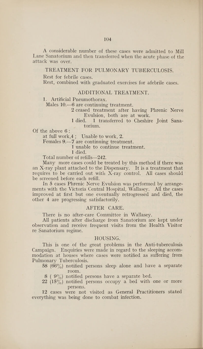 A considerable number of these cases were admitted to Mill Lane Sanatorium and then transferred when the acute phase of the attack was over. TREATMENT FOR PULMONARY TUBERCULOSIS. Rest for febrile cases. Rest, combined with graduated exercises for afebrile cases. ADDITIONAL TREATMENT. 1. Artificial Pneumothorax. Males 10.—6 are continuing treatment. 2 ceased treatment after having Phrenic Nerve Evulsion, both are at work. 1 died. 1 transferred to Cheshire Joint Sana¬ torium. Of the above 6 : at full work,4 ; Unable to work, 2. Females 9.—7 are continuing treatment. 1 unable to continue treatment. 1 died. Total number of refills—242. Many more cases could be treated by this method if there was an X-ray plant attached to the Dispensary. It is a treatment that requires to be carried out with X-ray control. All cases should be screened before each refill. In 5 cases Phrenic Nerve Evulsion was performed by arrange¬ ments with the Victoria Central Hospital, Wallasey. All the cases improved at first but one eventually retrogressed and died, the other 4 are progressing satisfactorily. AFTER CARE. There is no after-care Committee in Wallasey. All patients after discharge from Sanatorium are kept under observation and receive frequent visits from the Health Visitor re Sanatorium regime. HOUSING. This is one of the great problems in the Anti-tuberculosis Campaign. Enquiries were made in regard to the sleeping accom¬ modation at houses where cases were notified as suffering from Pulmonary Tuberculosis. 58 (66%) notified persons sleep alone and have a separate room. 8 ( 9%) notified persons have a separate bed. 22 (15%) notified persons occupy a bed with one or more persons. 12 cases were not visited as General Practitioners stated everything was being done to combat infection.