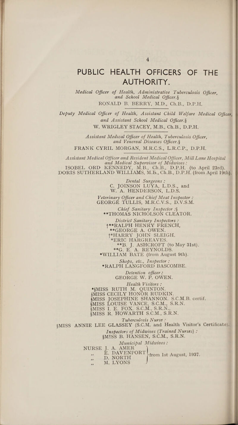 PUBLIC HEALTH OFFICERS OF THE AUTHORITY. Medical Officer of Health, Administrative Tuberculosis Officer, and School Medical Officer.§ RONALD B. BERRY, M.D., Ch.B., D.P.H. Deputy Medical Officer of Health, Assistant Child Welfare Medical Officer, and Assistant School Medical Officer.§ W. WRIGLEY STACEY, M.B., Ch.B., D.P.H. Assistant Medical Officer of Health, Tuberculosis Officer, and Venereal Diseases Officer.§ FRANK CYRIL MORGAN, M.R.C.S., L.R.C.P., D.P.H. Assistant Medical Officer and Resident Medical Officer, Mill Lane Hospital and Medical Supervisor of Midwives : ISOBEL ORD KENNEDY, M.B., Ch.B., D.P.H. (to April 23rd). DORIS SUTHERLAND WILLIAMS, M.B., Ch.B., D.P.H. (from April 19th). Dental Surgeons : C. JOINSON LUYA, L.D.S., and W. A. HENDERSON, L.D.S. Veterinary Officer and Chief Meat Inspector : GEORGE TULL1S, M.R.C.V.S., D.V.S.M. Chief Sanitary Inspector ;§ ♦♦THOMAS NICHOLSON CLEATOR. District Sanitary Inspectors : f*♦RALPH HENRY FRENCH, ♦♦GEORGE A. OWEN. f*HARRY JOHN SLEIGH. ♦ERIC HARGREAVES. **B. J. ASHCROFT (to May 31st). **G. E. A. REYNOLDS. ♦WILLIAM BATE (from August 9th). §MISS Shops, etc.. Inspector : ♦RALPH LANGFORD BASCOMBE. Detention officer: GEORGE W. P. OWEN. Health Visitors : *§MISS RUTH M. QUINTON. §MISS CECILY HONOR RUDKIN. §MISS JOSEPHINE SHANNON. S.C.M.B. certif. §MISS LOUISE VANCE, S.C.M., S.R.N. §MISS I. E. FOX. S.C.M., S.R.N., §MISS R. HOWARTH S.C.M., S.R.N. Tuberculosis Nurse : ANNIE LEE GLASSEY (S.C.M. and Health Visitor’s Certificate). Inspectors of Midwives (Trained Nurses) : §MISS B. HANSEN, S.C.M., S.R.N. NURSE # i J- E. D. M. Municipal Midwives A. AMER J DAVENPORT [i NORTH LYONS ■from 1st August, 1937.