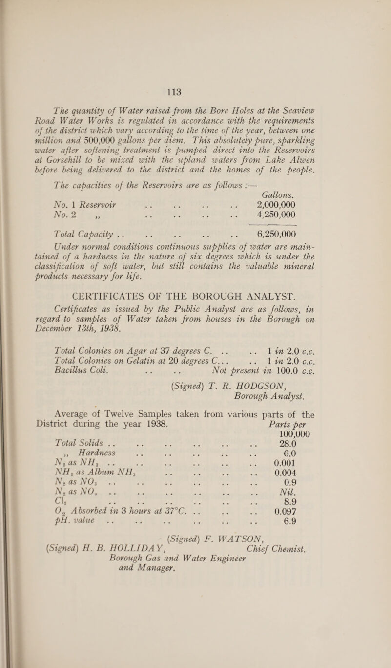 The quantity of Water raised from the Bore Holes at the Seaview Road Water Works is regulated in accordance with the requirements of the district which vary according to the time of the year, between one million and 500,000 gallons per diem. This absolutely pure, sparkling water after softening treatment is pumped direct into the Reservoirs at Gorsehill to be mixed with the 'Upland waters from Lake Alwen before being delivered to the district and the homes of the people. The capacities of the Reservoirs are as follows :— Gallons. No. 1 Reservoir .. .. .. .. 2,000,000 No. 2 „ . 4,250,000 Total Capacity .. .. .. .. . . 6,250,000 Under normal conditions continuous supplies of water are main¬ tained of a hardness in the nature of six degrees which is under the classification of soft water, but still contains the valuable mineral products necessary for life. CERTIFICATES OF THE BOROUGH ANALYST. Certificates as issued by the Public Analyst are as follows, in regard to samples of Water taken from houses in the Borough on December 13th, 1938. Total Colonies on Agar at 37 degrees C. .. .. 1 in 2.0 c.c. Total Colonies on Gelatin at 20 degrees C... .. I in 2.0 c.c. Bacillus Coli. .. .. Not present in 100.0 c.c. {Signed) T. R. HODGSON, Borough Analyst. Average of Twelve Samples taken from various parts of the District during the year 1938. Parts tier 100,000 Total Solids .. .. .. .. .. .. 28.0 ,, Hardness .. .. .. .. .. 6.0 N2 as NHZ .. .. .. .. .. .. 0.001 NH2 as Album NHZ .. .. .. .. 0.004 N2 as NOs .. .. .. .. .. .. 0.9 N2 as NO., .. .. .. .. .. .. Nil. Cl, .. 8.9 02 Absorbed in 3 hours at 37°C. .. .. .. 0.097 pH. value .. .. .. .. .. .. 6.9 {Signed) F. WATSON, {Signed) H. B. HOLLIDAY, Chief Chemist. Borough Gas and Water Engineer and Manager.