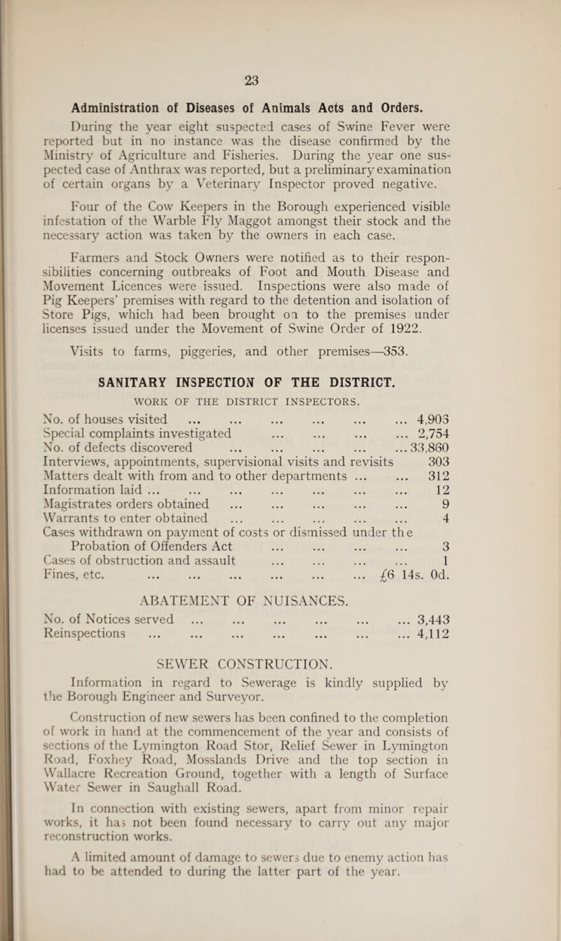 Administration of Diseases of Animals Acts and Orders. Daring the year eight suspected cases of Swine Fever were reported but in no instance was the disease confirmed by the Ministry of Agriculture and Fisheries. During the year one sus¬ pected case of Anthrax was reported, but a preliminary examination of certain organs by a Veterinary Inspector proved negative. Four of the Cow Keepers in the Borough experienced visible infestation of the Warble Fly Maggot amongst their stock and the necessary action was taken by the owners in each case. Farmers and Stock Owners were notified as to their respon¬ sibilities concerning outbreaks of Foot and Mouth Disease and Movement Licences were issued. Inspections were also made of Pig Keepers’ premises with regard to the detention and isolation of Store Pigs, which had been brought oa to the premises under licenses issued under the Movement of Swine Order of 1922. Visits to farms, piggeries, and other premises—353. SANITARY INSPECTION OF THE DISTRICT. WORK OF THE DISTRICT INSPECTORS. No. of houses visited ... ... ... ... ... ... 4,903 Special complaints investigated ... ... ... ... 2,754 No. of defects discovered ... ... ... ... ...33,860 Interviews, appointments, supervisional visits and revisits 303 Matters dealt with from and to other departments ... ... 312 Information laid ... ... ... ... ... ... ... 12 Magistrates orders obtained ... ... ... ... ... 9 Warrants to enter obtained ... ... ... ... ... 4 Cases withdrawn on payment of costs or dismissed under the Probation of Offenders Act ... ... ... ... 3 Cases of obstruction and assault ... ... ... ... 1 Fines, etc. ... ... ... ... ... ... £6 14s. Od. ABATEMENT OF NUISANCES. No. of Notices served ... ... ... ... ... ... 3,443 Reinspections ... ... ... ... ... ... ... 4,112 SEWER CONSTRUCTION. Information in regard to Sewerage is kindly supplied by the Borough Engineer and Surveyor. Construction of new sewers has been confined to the completion of work in hand at the commencement of the year and consists of sections of the Lymington Road Stor, Relief Sewer in Lymington Road, Foxhey Road, Mosslands Drive and the top section in Wallacre Recreation Ground, together with a length of Surface Water Sewer in Saughall Road. In connection with existing sewers, apart from minor repair works, it has not been found necessary to carry out any major reconstruction works. A limited amount of damage to sewers due to enemy action has had to be attended to during the latter part of the year.