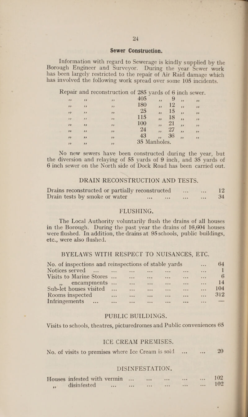 Sewer Construction. Information with regard to Sewerage is kindly supplied by the Borough Engineer and Surveyor. During the year Sewer work has been largely restricted to the repair of Air Raid damage which has involved the following work spread over some 105 incidents. Repair and reconstruction of 285 yards of 6 inch sewer. 9 9 9 9 9 9 405 „ 9 9 9 9 9 9 9 9 9 9 9 180 „ 12 9 9 9 9 99 9 9 9 9 25 „ 15 9 9 99 > 9 9 9 9 9 115 „ 18 9 9 9 9 9 9 99 9 9 100 „ 21 9 9 9 9 99 9 9 9 9 24 „ 27 9 9 9 9 9 9 99 9 9 43 „ 36 9 9 9 9 9 9 9 9 9 9 35 Manholes. No new sewers have been constructed during the year, but the diversion and relaying of 55 yards of 9 inch, and 35 yards of 6 inch sewer on the North side of Dock Road has been carried out. DRAIN RECONSTRUCTION AND TESTS. Drains reconstructed or partially reconstructed ... ... 12 Drain tests by smoke or water ... ... ... ... 34 FLUSHING. The Local Authority voluntarily flush the drains of all houses in the Borough. During the past year the drains of 16,604 houses were flushed. In addition, the drains at 95 schools, public buildings, etc., were also flushed. BYELAWS WITH RESPECT TO NUISANCES, ETC. No. of inspections and reinspections of stable yards 64 Notices served ••• • • • ••• ••• 1 Visits to Marine Stores ... ••• ••• ••• ••• 6 ,, encampments ... ••• ••• ••• • • • 14 Sub-let houses visited • • • ••• ••• ••• ... 104 Rooms inspected ••• ••• ••• ••• ... 312 Infringements • • • • • • ••• ••• ... — PUBLIC BUILDINGS. Visits to schools, theatres, picturedromes and Public conveniences 65 ICE CREAM PREMISES. No. of visits to premises where Ice Cream is sold ... ... 20 DISINFESTATION. Houses infested with vermin disinfested 102 102 • • • • • • • • • • • •