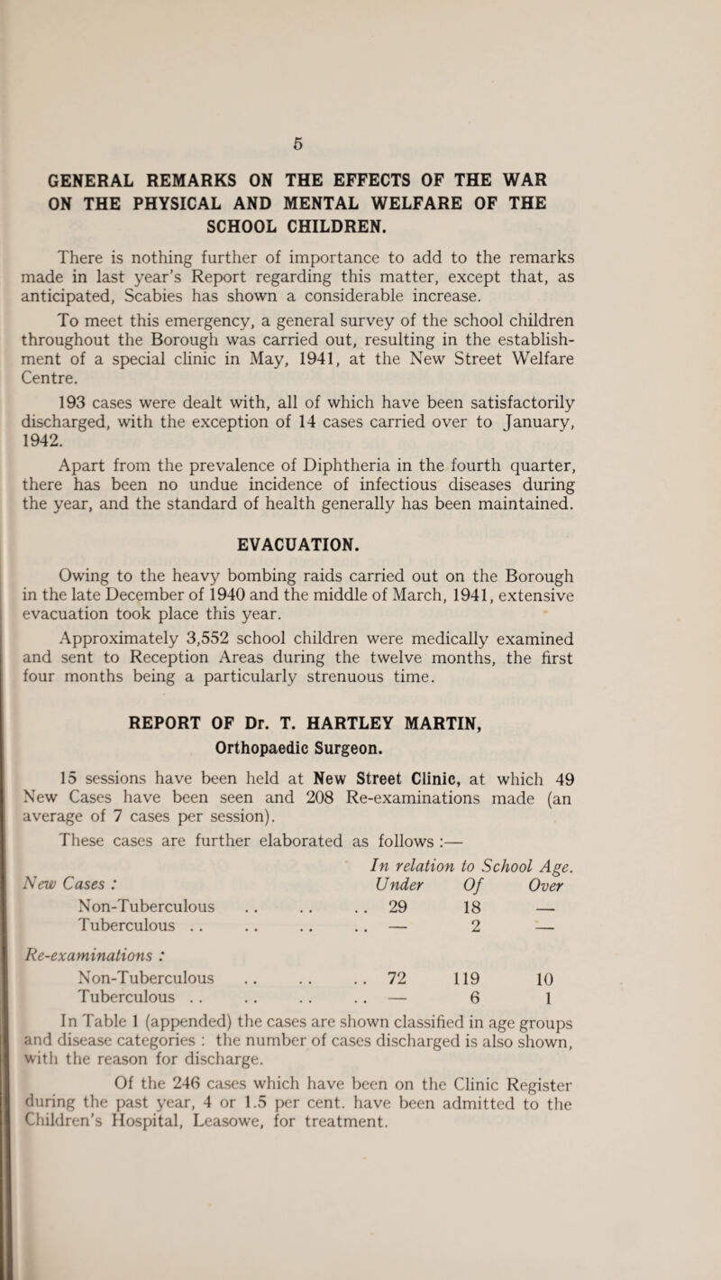 GENERAL REMARKS ON THE EFFECTS OF THE WAR ON THE PHYSICAL AND MENTAL WELFARE OF THE SCHOOL CHILDREN. There is nothing further of importance to add to the remarks made in last year’s Report regarding this matter, except that, as anticipated, Scabies has shown a considerable increase. To meet this emergency, a general survey of the school children throughout the Borough was carried out, resulting in the establish¬ ment of a special clinic in May, 1941, at the New Street Welfare Centre. 193 cases were dealt with, all of which have been satisfactorily discharged, with the exception of 14 cases carried over to January, 1942. Apart from the prevalence of Diphtheria in the fourth quarter, there has been no undue incidence of infectious diseases during the year, and the standard of health generally has been maintained. EVACUATION. Owing to the heavy bombing raids carried out on the Borough in the late December of 1940 and the middle of March, 1941, extensive evacuation took place this year. Approximately 3,552 school children were medically examined and sent to Reception Areas during the twelve months, the first four months being a particularly strenuous time. REPORT OF Dr. T. HARTLEY MARTIN, Orthopaedic Surgeon. 15 sessions have been held at New Street Clinic, at which 49 New Cases have been seen and 208 Re-examinations made (an average of 7 cases per session). These cases are further elaborated as follows :— New Cases : Non-Tuberculous Tuberculous .. Re-examinations : N on-T uberculous Tuberculous . . In relation to School Age. U nder Of Over 29 18 — — 2 — 72 119 10 6 1 In Table 1 (appended) the cases are shown classified in age groups and disease categories : the number of cases discharged is also shown, with the reason for discharge. Of the 246 cases which have been on the Clinic Register during the past year, 4 or 1.5 per cent, have been admitted to the Children’s Hospital, Leasowe, for treatment.