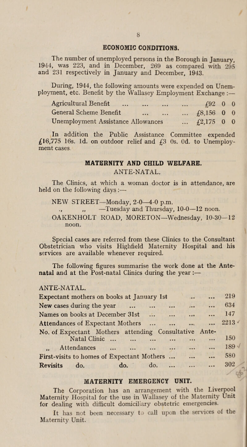 ECONOMIC CONDITIONS. The number of unemployed persons in the Borough in January, 1944, was 223, and in December, 269 as compared with 295 and 231 respectively in January and December, 1943. During, 1944, the following amounts were expended on Unem¬ ployment, etc. Benefit by the Wallasey Employment Exchange :— Agricultural Benefit . £92 0 0 General Scheme Benefit . £8,156 0 0 Unemployment Assistance Allowances ... £2,175 0 0 In addition the Public Assistance Committee expended £16,775 16s. Id. on outdoor relief and £3 Os. Od. to Unemploy¬ ment cases. MATERNITY AND CHILD WELFARE. ANTE-NATAL. The Clinics, at which a woman doctor is in attendance, are held on the following days :— NEW STREET—Monday, 2-0—4-0 p.m. ., ,, —Tuesday and Thursday, 10-0—12 noon. OAKENHOLT ROAD, MORETON—Wednesday, 10-30-12 noon. Special cases are referred from these Clinics to the Consultant Obstetrician who visits Highfield Maternity Hospital and his services are available whenever required. The following figures summarise the work done at the Ante¬ natal and at the Post-natal Clinics during the year:— ANTE-NATAL. Expectant mothers on books at January 1st New cases during the year ... . Names on books at December 31st Attendances of Expectant Mothers . No. of Expectant Mothers attending Consultative Natal Clinic ... . „ Attendances First-visits to homes of Expectant Mothers ... Revisits do. do. do. MATERNITY EMERGENCY UNIT. 219 634 147 2213 ' Ante 150 189 580 302 The Corporation has an arrangement with the Liverpool Maternity Hospital for the use in Wallasey of the Maternity Unit for dealing with difficult domiciliary obstetric emergencies. It has not been necessary to call upon the services of the Maternity Unit.