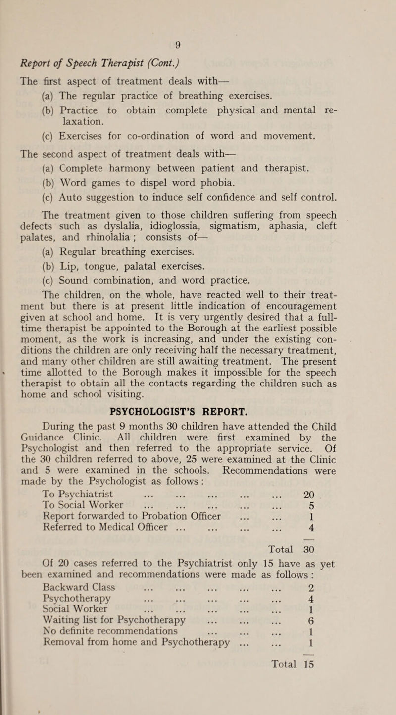 Report of Speech Therapist (Cont.) The first aspect of treatment deals with— (a) The regular practice of breathing exercises. (b) Practice to obtain complete physical and mental re¬ laxation. (c) Exercises for co-ordination of word and movement. The second aspect of treatment deals with— (a) Complete harmony between patient and therapist. (b) Word games to dispel word phobia. (c) Auto suggestion to induce self confidence and self control. The treatment given to those children suffering from speech defects such as dyslalia, idioglossia, sigmatism, aphasia, cleft palates, and rhinolalia ; consists of— (a) Regular breathing exercises. (b) Lip, tongue, palatal exercises. (c) Sound combination, and word practice. The children, on the whole, have reacted well to their treat¬ ment but there is at present little indication of encouragement given at school and home. It is very urgently desired that a full¬ time therapist be appointed to the Borough at the earliest possible moment, as the work is increasing, and under the existing con¬ ditions the children are only receiving half the necessary treatment, and many other children are still awaiting treatment. The present time allotted to the Borough makes it impossible for the speech therapist to obtain all the contacts regarding the children such as home and school visiting. PSYCHOLOGIST’S REPORT. During the past 9 months 30 children have attended the Child Guidance Clinic. All children were first examined by the Psychologist and then referred to the appropriate service. Of the 30 children referred to above, 25 were examined at the Clinic and 5 were examined in the schools. Recommendations were made by the Psychologist as follows : To Psychiatrist ... ... ... ... ... 20 To Social Worker ... ... ... ... ... 5 Report forwarded to Probation Officer ... ... 1 Referred to Medical Officer ... ... ... ... 4 Total 30 Of 20 cases referred to the Psychiatrist only 15 have as yet been examined and recommendations were made as follows : Backward Class ... ... ... ... ... 2 Psychotherapy ... ... ... ... ... 4 Social Worker ... ... ... ... ... l Waiting list for Psychotherapy ... ... ... 6 No definite recommendations ... ... ... 1 Removal from home and Psychotherapy ... ... 1 Total 15 I