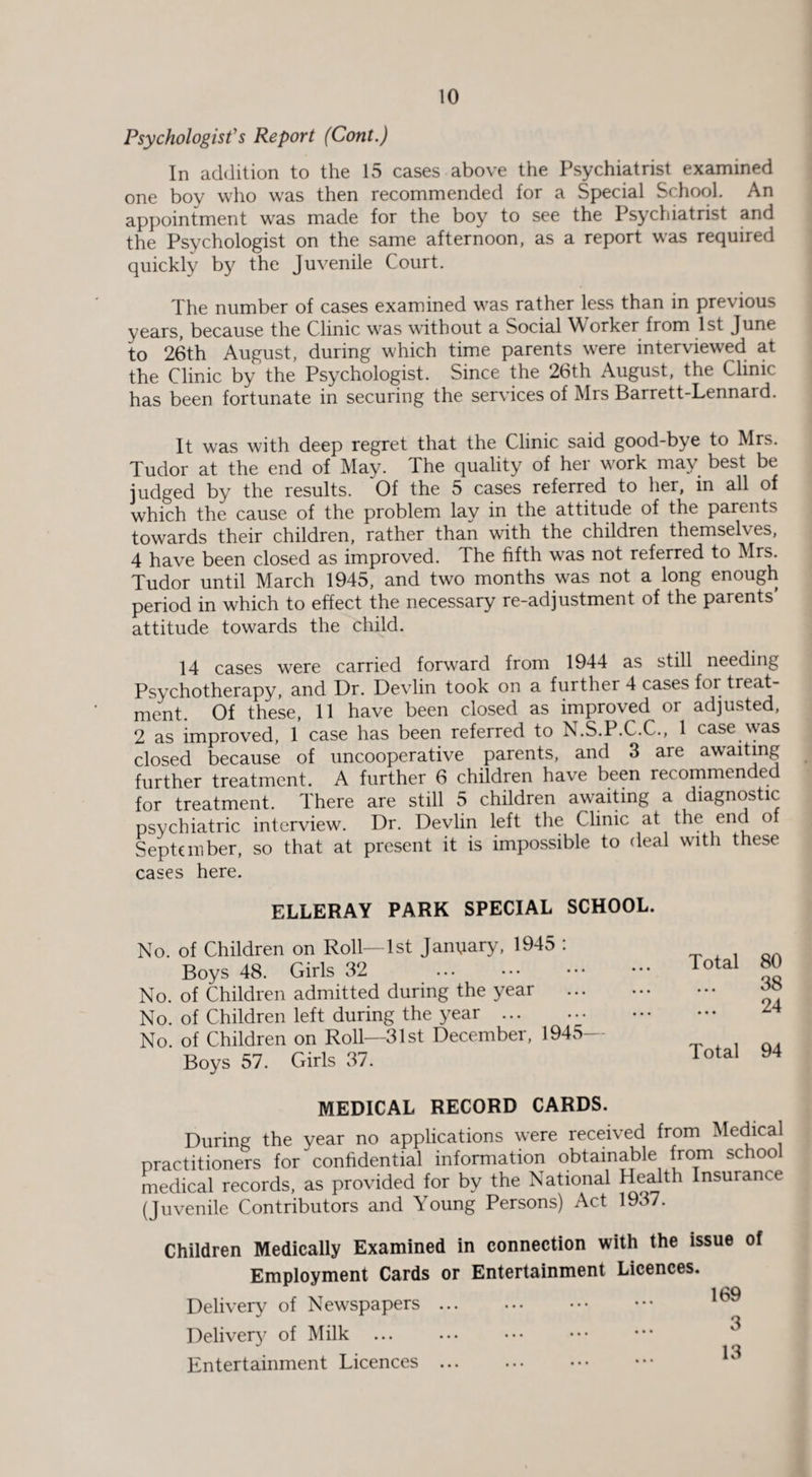 Psychologist's Report (Cont.) In addition to the 15 cases above the Psychiatrist examined one boy who was then recommended for a Special School. An appointment was made for the boy to see the Psychiatrist and the Psychologist on the same afternoon, as a report was required quickly by the Juvenile Court. The number of cases examined was rather less than in previous years, because the Clinic was without a Social Worker from 1st June to 26th August, during which time parents were interviewed at the Clinic by the Psychologist. Since the 26th August, the Clinic has been fortunate in securing the services of Mrs Barrett-Lennard. It was with deep regret that the Clinic said good-bye to Mrs. Tudor at the end of May. The quality of her work may best be judged by the results. ~Of the 5 cases referred to her, in all of which the cause of the problem lay in the attitude of the parents towards their children, rather than with the children themselves, 4 have been closed as improved. The fifth was not referred to Mrs. Tudor until March 1945, and two months was not a long enough period in which to effect the necessary re-adjustment of the parents’ attitude towards the child. 14 cases were carried forward from 1944 as still needing Psychotherapy, and Dr. Devlin took on a further 4 cases for treat- ment. Of these, 11 have been closed as improved or adjusted, 2 as improved, 1 case has been referred to N.S.P.C.C., 1 case was closed because of uncooperative parents, and 3 are awaiting further treatment. A further 6 children have been recommended for treatment. There are still 5 children awaiting a diagnostic psychiatric interview. Dr. Devlin left the Clinic at the end of September, so that at present it is impossible to deal with these cases here. ELLERAY PARK SPECIAL SCHOOL. No. of Children on Roll—1st Janpary, 1945 : Boys 48. Girls 32 No. of Children admitted during the year No. of Children left during the year . No. of Children on Roll—31st December, 1945- Boys 57. Girls 37. MEDICAL RECORD CARDS. During the year no applications were received from Medical practitioners for confidential information obtainable from schoo medical records, as provided for by the National Health Insurance (Juvenile Contributors and Young Persons) Act 1937. Children Medically Examined in connection with the issue of Employment Cards or Entertainment Licences. 169 Delivery of Newspapers. Deliver of Milk Entertainment Licences ... Total 80 38 24 Total 94