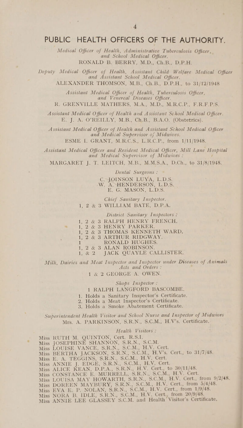 PUBLIC HEALTH OFFICERS OF THE AUTHORITY. Medical Officer of Health, Administrative Tuberculosis Officer, and School Medical Officer. RONALD B. BERRY, M.D., Ch.B., D.P.H. Deputy Medical Officer of Health, Assistant Child Welfare Medical Officer and Assistant School Medical Officer. ALEXANDER THOMSON, M.B., Ch.B., D.P.H,, to 31/12/1948 Assistant Medical Officer of Health, Tuberculosis Officer, and Venereal Diseases Officer. R. GRENVILLE MATHERS, M.A., M.D., M.R.C.P., F.R.F.P.S. Assistant Medical Officer of Health and Assistant School Medical Officer. E. J. A. O’REILLY, M.B., Ch.B., B.A.O. (Obstetrics). Assistant Medical Officer of Health and Assistant School Medical Officer and Medical Supervisor of Midwives. ESME 1. GRANT, M.R.C.S., L.R.C.P., from 1/11/1948. Assistant Medical Officer and Resident Medical Officer, Mill Lane Hospital and Medical Supervisor of Midwives : MARGARET J. T. LE1TCH, M.B., M.M.S.A., D.Ch., to 31/8/1948. Dental Surgeons : C. JOINSON LUYA, L.D.S. W. A. HENDERSON, L.D.S. E. G. MASON, L.D.S. Chief Sanitary Inspector. 1, 2 & 3 WILLIAM BATE, D.P.A. District Sanitary Inspectors : 1, 2 & 3 RALPH HENRY FRENCH. 1, 2 & 3 HENRY PARKER. 1, 2 & 3 THOMAS KENNETH WARD. 1, 2 & 3 ARTHUR RIDGWAY. 1 RONALD HUGHES. 1, 2 & 3 ALAN ROBINSON. 1, & 2 JACK QUAYLE CALLISTER. Milk, Dairies and Meal Inspector and Inspector under Diseases of Animals Acts and Orders : 1 A 2 GEORGE A. OWEN. Shops Inspector : 1 RALPH LANGFORD BASCOMBE. 1. Holds a Sanitary Inspector’s Certificate. 2. Holds a Meat Inspector’s Certificate. 3. Holds a Smoke Abatement Certificate. Superintendent Health Visitor and School Nurse and. Inspector of Midwives Mrs. A. PARKINSON, S.R.N., S.C.M., H.V’s. Certificate. Health Visitors : Miss RUTH M. QUINTON, Cert. R.S.I. Miss JOSEPHINE SHANNON, S.R.N., S.C.M. Miss LOUISE VANCE, S.R.N., S.C.M., H.V. Cert. Miss BERTHA )ACKSON, S.R.N., S.C.M., H.V’s. Cert., to 31/7/48. Miss E. A. TEGGINS, S.R.N., S.C.M., H.V. Cert. Miss ANNIE ). EDGE, S.R.N., S.C.M., H.V. Cert. Miss ALICE KEAN, D.P.A., S.R.N., H.V. Cert., to 30/11/48. Miss CONSTANCE E. MURRELL, S.R.N., S.C.M., H.V. Cert. Miss LOUISA MAY HOWARTH, S.R.N., S.C.M., H.V. Cert., from 9/2/48. Miss DOREEN MAYBURY, S.R.N., S.C.M., H.V. Cert., from ;>/4/48. Miss EVA E. P. NOLAN, S.R.N., S.C.M., H.V. Cert., from 1/9/48. Miss NORA B. IDLE, S.R.N., S.C.M., H.V. Cert., from 20/9/48. Miss ANNIE LEE GLASSEY S.C.M. and Health \ lsitor’s Certificate.