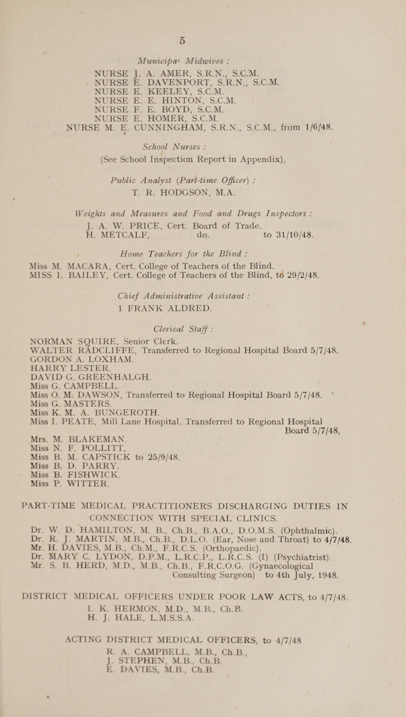 Municipa' Midwives : NURSE ■ NURSE NURSE NURSE NURSE NURSE NURSE M. E. J. A. AMER, S.R.N., S.C.M. E. DAVENPORT, S.R.N., S.C.M. E. KEELEY, S.C.M. E. E. HINTON, S.C.M. F. E. BOYD, S.C.M. E. HOMER, S.C.M. CUNNINGHAM, S.R.N., S.C.M., from 1/6/48. School Nurses : (See School Inspection Report in Appendix), Public Analyst (Part-time Officer) : T. R. HODGSON, M.A. Weights and Measures and Food and Drugs Inspectors : J. A. W. PRICE, Cert. Board of Trade. H. METCALF, do. to 31/10/48. Home Teachers for the Blind : Miss M. MACARA, Cert. College of Teachers of the Blind. MISS I. BAILEY, Cert. College of Teachers of the Blind, to 29/2/48. Chief Administrative Assistant : 1 FRANK ALDRED. Clerical Staff: NORMAN SQUIRE, Senior Clerk. WALTER RADCLIFFE, Transferred to Regional Hospital Board 5/7/48. GORDON A. LOXHAM. HARRY LESTER. DAVID G. GREENHALGH. Miss G. CAMPBELL. Miss O. M. DAWSON, Transferred to Regional Hospital Board 5/7/48. ' Miss G. MASTERS. Miss K. M. A. BUNGEROTH. Miss I. PE ATE, Mill Lane Hospital, Transferred to Regional Hospital Board 5/7/48, Mrs. M. BLAKEMAN. Miss N. F. POLLITT, Miss B. M. CAPSTICK to 25/9/48. Miss B. D. PARRY. Miss B. FISHWICK. Miss P. WITTER. PART-TIME MEDICAL PRACTITIONERS DISCHARGING DUTIES IN CONNECTION WITH SPECIAL CLINICS. Dr. W. D. HAMILTON, M. B„ Ch.B., B.A.O., D.O.M.S. (Ophthalmic). Dr. R. J. MARTIN, M.B., Ch.B., D.L.O. (Ear, Nose and Throat) to 4/7/48. Mr. H. DAVIES, M.B., Ch.M., F.R.C.S. (Orthopaedic). Dr. MARY C. LYDON, D.P.M., L.R.C.P., L.R.C.S. (1) (Psychiatrist). Mr. S. B. HERD, M.D., M.B., Ch.B., F.R.C.O.G. (Gynaecological Consulting Surgeon) to 4th July, 1948. DISTRICT MEDICAL OFFICERS UNDER POOR LAW ACTS, to 4/7/48. I. K. HERMON, M.D., M.B., Ch.B. H. J. HALE, L.M.S.S.A. ACTING DISTRICT MEDICAL OFFICERS, to 4/7/48 R. A. CAMPBELL, M.B., Ch.B., J. STEPHEN, M.B., Ch.B. E. DAVIES, M B., Ch.B.