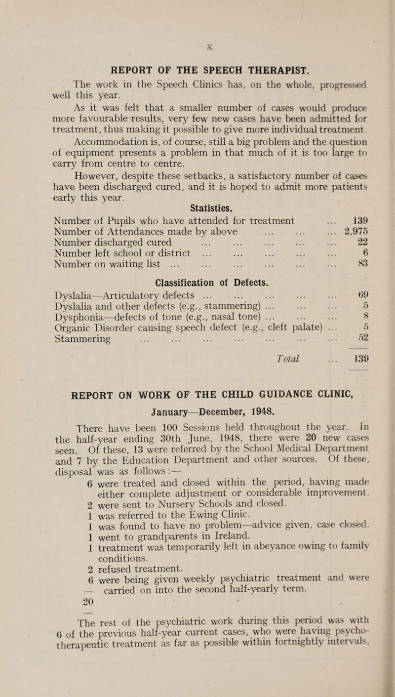REPORT OF THE SPEECH THERAPIST. The work in the Speech Clinics has, on the whole, progressed well this year. As it was felt that a smaller number of cases would produce more favourable results, very few new cases have been admitted for treatment, thus making it possible to give more individual treatment. Accommodation is, of course, still a big problem and the question of equipment presents a problem in that much of it is too large to carry from centre to centre. However, despite these setbacks, a satisfactory number of cases have been discharged cured, and it is hoped to admit more patients early this year. Statistics. Number of Pupils who have attended for treatment ... 139 Number of Attendances made by above ... ... ... 2,975 Number discharged cured ... ... ... ... ... 22 Number left school or district ... ... ... ... ... 6 Number on waiting list ... ... ... ... ... ... 83 Classification of Defects. Dyslalia—Articulatory defects ... ... ... ... ... 59 Dyslalia and other defects (e.g., stammering). 5 Dysphonia—defects of tone (e.g., nasal tone) ... ... ... 8 Organic Disorder causing speech defect (e.g., cleft palate) ... 5 Stammering ... ... ... ... ... • • • • • • ;>2 Total ... 139 REPORT ON WORK OF THE CHILD GUIDANCE CLINIC, January—December, 1948. There have been 100 Sessions held throughout the year. In the half-year ending 30th June, 1948, there were 20 new cases seen. Of these, 13 were referred by the School Medical Department and 7 by the Education Department and other sources. Of these, disposal was as follows 6 were treated and closed within the period, having made either complete adjustment or considerable improvement. 2 were sent to Nursery Schools and closed. 1 was referred to the Ewing Clinic. 1 was found to have no problem—advice given, case closed. 1 went to grandparents in Ireland. 1 treatment was temporarily left in abeyance owing to familv conditions. 2 refused treatment. 6 were being given weekly psychiatric treatment and were — carried on into the second half-yearly term. 20 The rest of the psychiatric work during this period was with 0 of the previous half-year current cases, who were having psycho¬ therapeutic treatment as far as possible within fortnightly intervals.