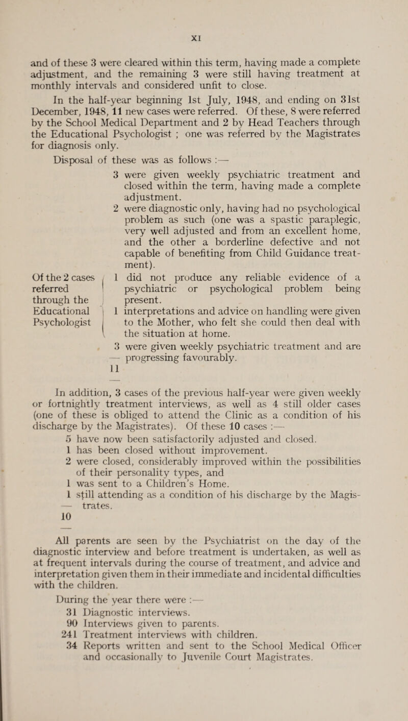 and of these 3 were cleared within this term, having made a complete adjustment, and the remaining 3 were still having treatment at monthly intervals and considered unfit to close. In the half-year beginning 1st July, 1948, and ending on 31st December, 1948, 11 new cases were referred. Of these, 8 were referred by the School Medical Department and 2 by Head Teachers through the Educational Psychologist ; one was referred bv the Magistrates for diagnosis only. Disposal of these was as follows :— Of the 2 cases referred through the Educational Psychologist 3 were given weekly psychiatric treatment and closed within the term, having made a complete adjustment. 2 were diagnostic only, having had no psychological problem as such (one was a spastic paraplegic, very well adjusted and from an excellent home, and the other a borderline defective and not capable of benefiting from Child Guidance treat¬ ment). 1 did not produce any reliable evidence of a psychiatric or psychological problem being present. 1 interpretations and advice on handling were given to the Mother, who felt she could then deal with the situation at home. 3 11 were given weekly psychiatric treatment and are progressing favourably. In addition, 3 cases of the previous half-year were given weekly or fortnightly treatment interviews, as well as 4 still older cases (one of these is obliged to attend the Clinic as a condition of his discharge by the Magistrates). Of these 10 cases :— 5 have now been satisfactorily adjusted and closed. 1 has been closed without improvement. 2 were closed, considerably improved within the possibilities of their personality types, and 1 was sent to a Children’s Home. 1 still attending as a condition of his discharge by the Magis- — trates. 10 All parents are seen by the Psychiatrist on the day of the diagnostic interview and before treatment is undertaken, as well as at frequent intervals during the course of treatment, and advice and interpretation given them in their immediate and incidental difficulties with the children. During the year there were :— 31 Diagnostic interviews. 90 Interviews given to parents. 241 Treatment interviews with children. 34 Reports written and sent to the School Medical Officer and occasionally to Juvenile Court Magistrates.