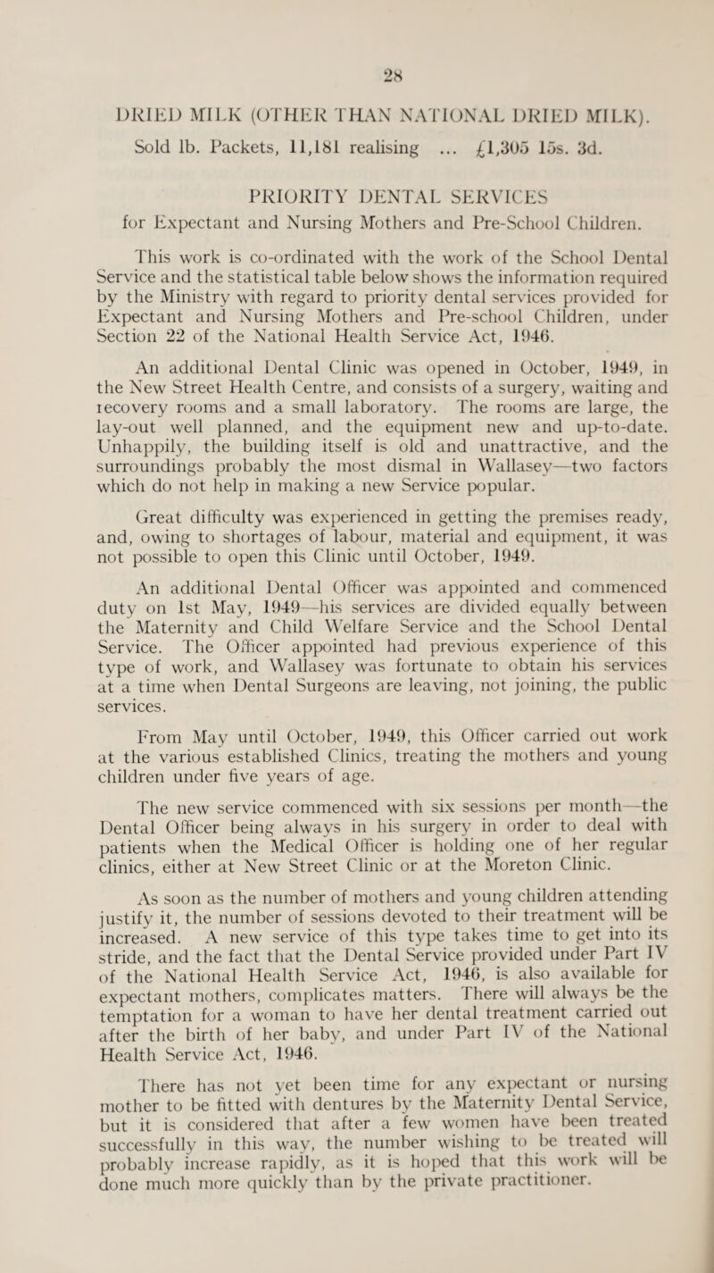 DRIED MILK (OTHER THAN NATIONAL DRIED MILK). Sold lb. Packets, 11,181 realising ... £1,305 15s. 3d. PRIORITY DENTAL SERVICES for Expectant and Nursing Mothers and Pre-School Children. This work is co-ordinated with the work of the School Dental Service and the statistical table below shows the information required by the Ministry with regard to priority dental services provided for Expectant and Nursing Mothers and Pre-school Children, under Section 22 of the National Health Service Act, 1946. An additional Dental Clinic was opened in October, 1949, in the New Street Health Centre, and consists of a surgery, waiting and iecovery rooms and a small laboratory. The rooms are large, the lay-out well planned, and the equipment new and up-to-date. Unhappily, the building itself is old and unattractive, and the surroundings probably the most dismal in Wallasey—two factors which do not help in making a new Service popular. Great difficulty was experienced in getting the premises ready, and, owing to shortages of labour, material and equipment, it was not possible to open this Clinic until October, 1949. An additional Dental Officer was appointed and commenced duty on 1st May, 1949—his services are divided equally between the Maternity and Child Welfare Service and the School Dental Service. The Officer appointed had previous experience of this type of work, and Wallasey was fortunate to obtain his services at a time when Dental Surgeons are leaving, not joining, the public services. From May until October, 1949, this Officer carried out work at the various established Clinics, treating the mothers and young children under five years of age. The new service commenced with six sessions per month—the Dental Officer being always in his surgery in order to deal with patients when the Medical Officer is holding one of her regular clinics, either at New Street Clinic or at the Moreton Clinic. As soon as the number of mothers and young children attending justify it, the number of sessions devoted to their treatment will be increased. A new service of this type takes time to get into its stride, and the fact that the Dental Service provided under Part IV of the National Health Service Act, 1946, is also available for expectant mothers, complicates matters. There will always be the temptation for a woman to have her dental treatment carried out after the birth of her baby, and under Part IV of the National Health Service Act, 1946. There has not yet been time for any expectant or nursing mother to be fitted with dentures bv the Maternity Dental Service, but it is considered that after a few women have been treated successfully in this way, the number wishing to be treated will probably increase rapidly, as it is hoped that this work will be done much more quickly than by the private practitioner.