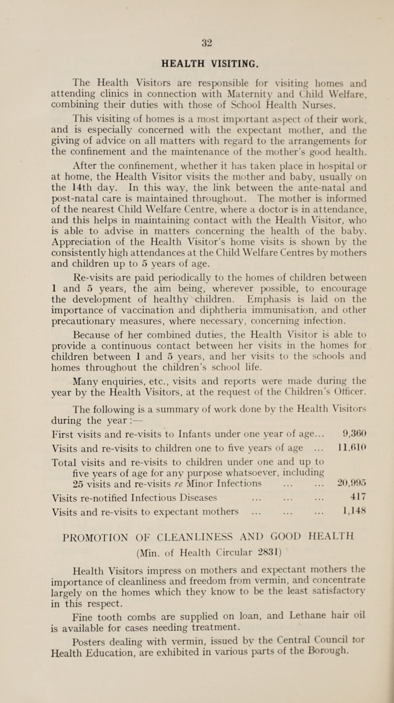 HEALTH VISITING. The Health Visitors are responsible for visiting homes and attending clinics in connection with Maternity and Child Welfare, combining their duties with those of School Health Nurses. This visiting of homes is a most important aspect of their work, and is especially concerned with the expectant mother, and the giving of advice on all matters with regard to the arrangements for the confinement and the maintenance of the mother’s good health. After the confinement, whether it has taken place in hospital or at home, the Health Visitor visits the mother and baby, usually on the 14th day. In this way, the link between the ante-natal and post-natal care is maintained throughout. The mother is informed of the nearest Child Welfare Centre, where a doctor is in attendance, and this helps in maintaining contact with the Health Visitor, who is able to advise in matters concerning the health of the baby. Appreciation of the Health Visitor’s home visits is shown by the consistently high attendances at the Child Welfare Centres by mothers and children up to 5 years of age. Re-visits are paid periodically to the homes of children between 1 and 5 years, the aim being, wherever possible, to encourage the development of healthy children. Emphasis is laid on the importance of vaccination and diphtheria immunisation, and other precautionary measures, where necessary, concerning infection. Because of her combined duties, the Health Visitor is able to provide a continuous contact between her visits in the homes for children between 1 and 5 years, and her visits to the schools and homes throughout the children’s school life. Many enquiries, etc., visits and reports were made during the year by the Health Visitors, at the request of the Children’s Officer. The following is a summary of work done by the Health Visitors during the year :— First visits and re-visits to Infants under one year of age... 9,300 Visits and re-visits to children one to five years of age ... 11.610 Total visits and re-visits to children under one and up to five years of age for any purpose whatsoever, including 25 visits and re-visits re Minor Infections ... ... 20,995 Visits re-notified Infectious Diseases ... ... ... 417 Visits and re-visits to expectant mothers ... ... ... 1,148 PROMOTION OF CLEANLINESS AND GOOD HEALTH (Min. of Health Circular 2831) Health Visitors impress on mothers and expectant mothers the importance of cleanliness and freedom from vermin, and concentrate largely on the homes which they know to be the least satisfactory in this respect. Fine tooth combs are supplied on loan, and Lethane hair oil is available for cases needing treatment. Posters dealing with vermin, issued by the Central Council for Health Education, are exhibited in various parts of the Borough.