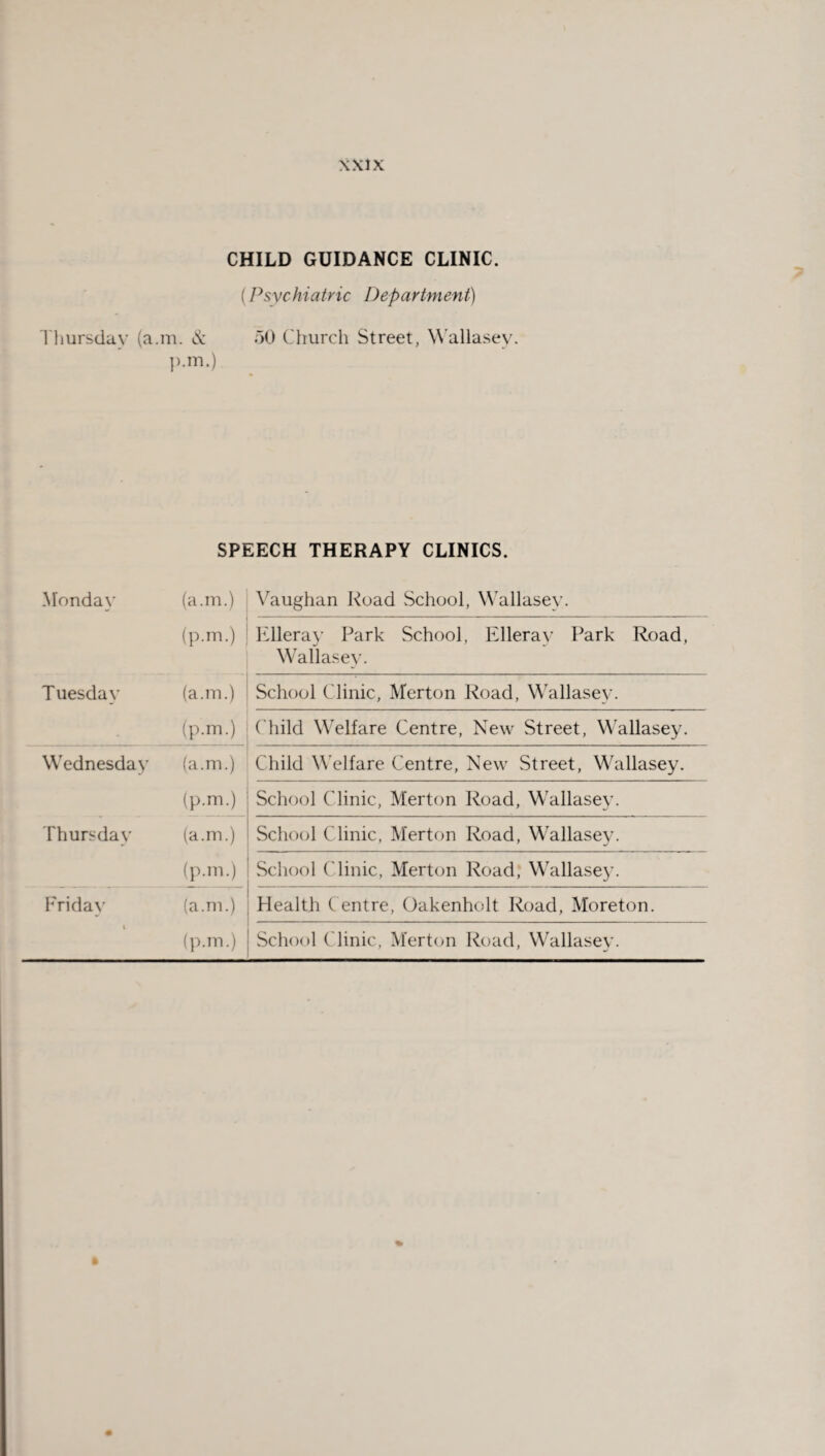 CHILD GUIDANCE CLINIC. (Psychiatric Department) Thursday (a.m. & 50 Church Street, W allasey. P-m.) SPEECH THERAPY CLINICS. Monday (a.m.) Vaughan Road School, Wallasey. (p.m.) Elleray Park School, Ellerav Park Road, Wallasey. Tuesday (a.m.) School Clinic, Merton Road, Wallasey. (p.m.) Child Welfare Centre, New Street, Wallasey. Wednesday (a.m.) Child WTelfare Centre, New Street, Wallasey. (p.m.) School Clinic, Merton Road, Wrallasey. Thursday (a.m.) School Clinic, Merton Road, Wallasey. (p.m.) School Clinic, Merton Road, Wallasey. Friday (a.m.) Health Centre, Oakenholt Road, Moreton. i (p.m.) School Clinic, Merton Road, Wallasey.