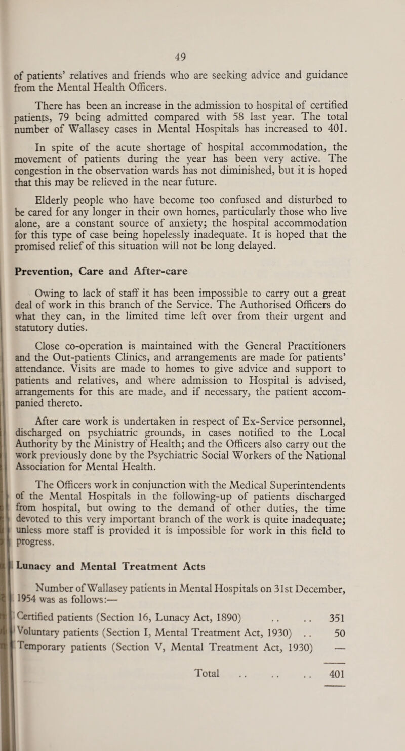 of patients’ relatives and friends who are seeking advice and guidance from the Mental Health Officers. There has been an increase in the admission to hospital of certified patients, 79 being admitted compared with 58 last year. The total number of Wallasey cases in Mental Hospitals has increased to 401. In spite of the acute shortage of hospital accommodation, the movement of patients during the year has been very active. The congestion in the observation wards has not diminished, but it is hoped that this may be relieved in the near future. Elderly people who have become too confused and disturbed to be cared for any longer in their own homes, particularly those who live alone, are a constant source of anxiety; the hospital accommodation for this type of case being hopelessly inadequate. It is hoped that the promised relief of this situation will not be long delayed. Prevention, Care and After-care Owing to lack of staff it has been impossible to carry out a great deal of work in this branch of the Service. The Authorised Officers do what they can, in the limited time left over from their urgent and statutory duties. Close co-operation is maintained with the General Practitioners and the Out-patients Clinics, and arrangements are made for patients’ attendance. Visits are made to homes to give advice and support to patients and relatives, and where admission to Hospital is advised, arrangements for this are made, and if necessary, the patient accom¬ panied thereto. After care work is undertaken in respect of Ex-Service personnel, discharged on psychiatric grounds, in cases notified to the Local Authority by the Ministry of Health; and the Officers also carry out the work previously done by the Psychiatric Social Workers of the National Association for Mental Health. The Officers work in conjunction with the Medical Superintendents of the Mental Hospitals in the following-up of patients discharged from hospital, but owing to the demand of other duties, the time devoted to this very important branch of the work is quite inadequate; unless more staff is provided it is impossible for work in this field to progress. Lunacy and Mental Treatment Acts Number of Wallasey patients in Mental Hospitals on 31st December, 1954 was as follows:— Certified patients (Section 16, Lunacy Act, 1890) .. .. 351 Voluntary patients (Section I, Mental Treatment Act, 1930) .. 50 Temporary patients (Section V, Mental Treatment Act, 1930) —