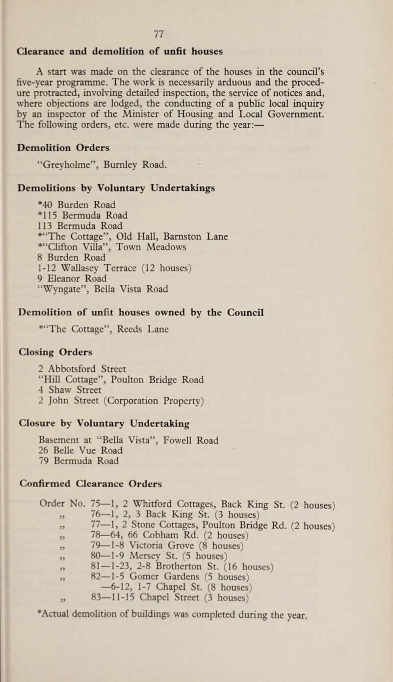 Clearance and demolition of unfit houses A start was made on the clearance of the houses in the council’s five-year programme. The work is necessarily arduous and the proced¬ ure protracted, involving detailed inspection, the service of notices and, where objections are lodged, the conducting of a public local inquiry by an inspector of the Minister of Housing and Local Government. The following orders, etc. were made during the year:— Demolition Orders “Greyholme”, Burnley Road. Demolitions by Voluntary Undertakings *40 Burden Road *115 Bermuda Road 113 Bermuda Road *“The Cottage”, Old Hall, Barnston Lane *“Clifton Villa”, Town Meadows 8 Burden Road 1-12 Wallasey Terrace (12 houses) 9 Eleanor Road “Wyngate”, Bella Vista Road Demolition of unfit houses owned by the Council *“The Cottage”, Reeds Lane Closing Orders 2 Abbotsford Street “Hill Cottage”, Poulton Bridge Road 4 Shaw Street 2 John Street (Corporation Property) Closure by Voluntary Undertaking Basement at “Bella Vista”, Fowell Road 26 Belle Vue Road 79 Bermuda Road Confirmed Clearance Orders Order No. 75—1, 2 Whitford Cottages, Back King St. (2 houses) „ 76—1, 2, 3 Back King St. (3 houses) „ 77—1, 2 Stone Cottages, Poulton Bridge Rd. (2 houses) ,, 78—64, 66 Cobham Rd. (2 houses) „ 79—1-8 Victoria Grove (8 houses) „ 80—1-9 Mersey St. (5 houses) „ 81—1-23, 2-8 Brotherton St. (16 houses) „ 82—1-5 Gomer Gardens (5 houses) —6-12, 1-7 Chapel St. (8 houses) ,, 83—11-15 Chapel Street (3 houses) •Actual demolition of buildings was completed during the year,
