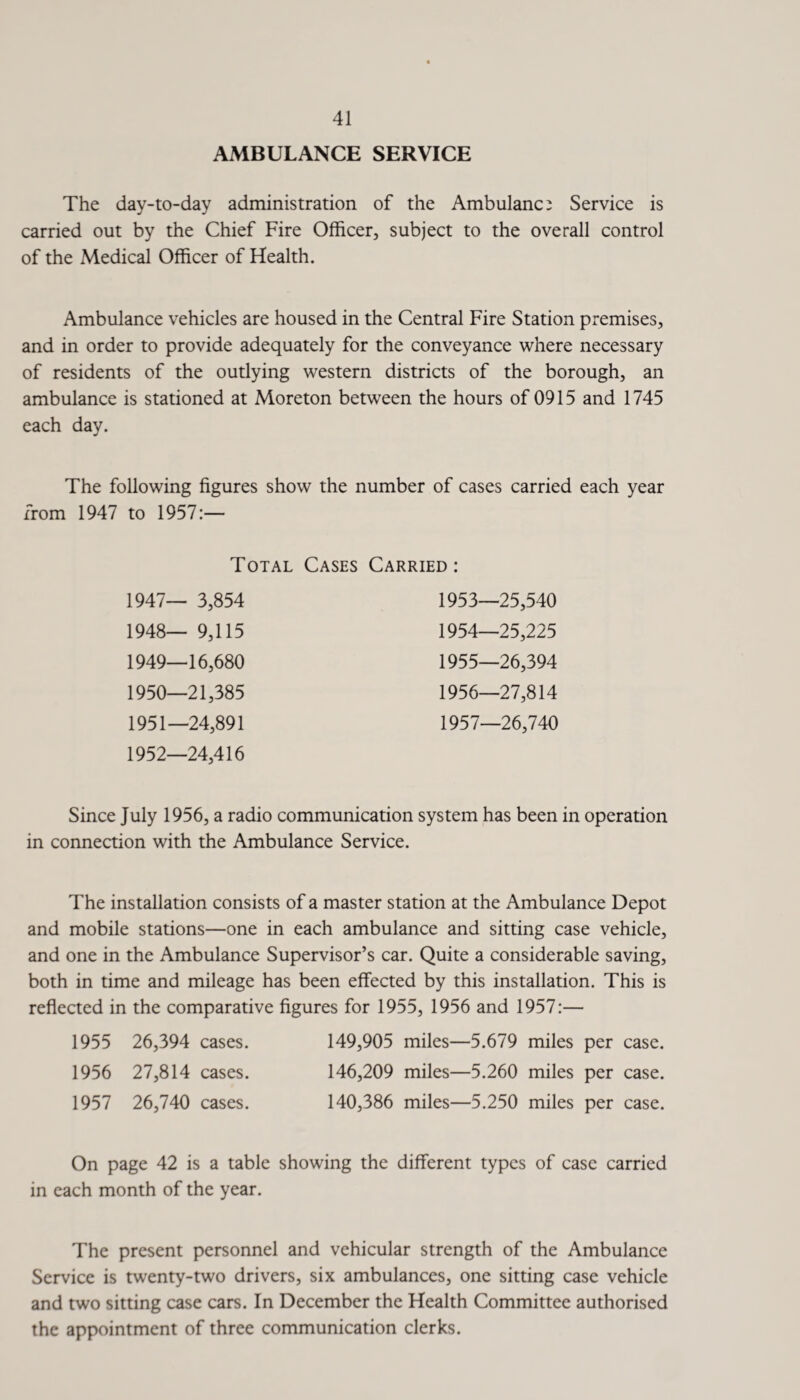 AMBULANCE SERVICE The day-to-day administration of the Ambulance Service is carried out by the Chief Fire Officer, subject to the overall control of the Medical Officer of Health. Ambulance vehicles are housed in the Central Fire Station premises, and in order to provide adequately for the conveyance where necessary of residents of the outlying western districts of the borough, an ambulance is stationed at Moreton between the hours of 0915 and 1745 each day. The following figures show the number of cases carried each year from 1947 to 1957:— Total Cases Carried: 1947— 3,854 1948— 9,115 1949— 16,680 1950— 21,385 1951— 24,891 1952— 24,416 1953— 25,540 1954— 25,225 1955— 26,394 1956— 27,814 1957— 26,740 Since July 1956, a radio communication system has been in operation in connection with the Ambulance Service. The installation consists of a master station at the Ambulance Depot and mobile stations—one in each ambulance and sitting case vehicle, and one in the Ambulance Supervisor’s car. Quite a considerable saving, both in time and mileage has been effected by this installation. This is reflected in the comparative figures for 1955, 1956 and 1957:— 1955 26,394 cases. 149,905 miles—5.679 miles per case. 1956 27,814 cases. 146,209 miles—5.260 miles per case. 1957 26,740 cases. 140,386 miles—5.250 miles per case. On page 42 is a table showing the different types of case carried in each month of the year. The present personnel and vehicular strength of the Ambulance Service is twenty-two drivers, six ambulances, one sitting case vehicle and two sitting case cars. In December the Health Committee authorised the appointment of three communication clerks.