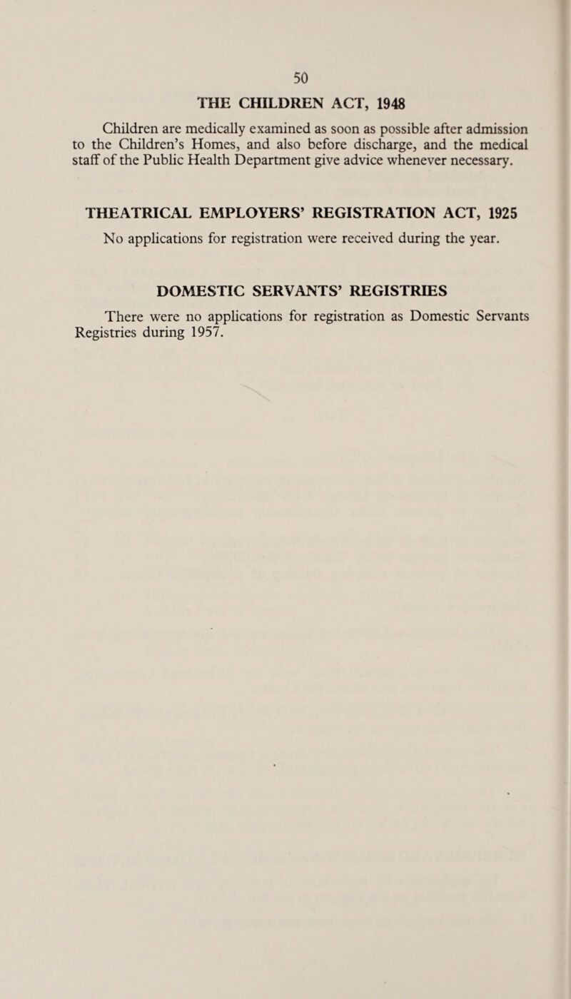 THE CHILDREN ACT, 1948 Children are medically examined as soon as possible after admission to the Children’s Homes, and also before discharge, and the medical staff of the Public Health Department give advice whenever necessary. THEATRICAL EMPLOYERS’ REGISTRATION ACT, 1925 No applications for registration were received during the year. DOMESTIC SERVANTS’ REGISTRIES There were no applications for registration as Domestic Servants Registries during 1957.