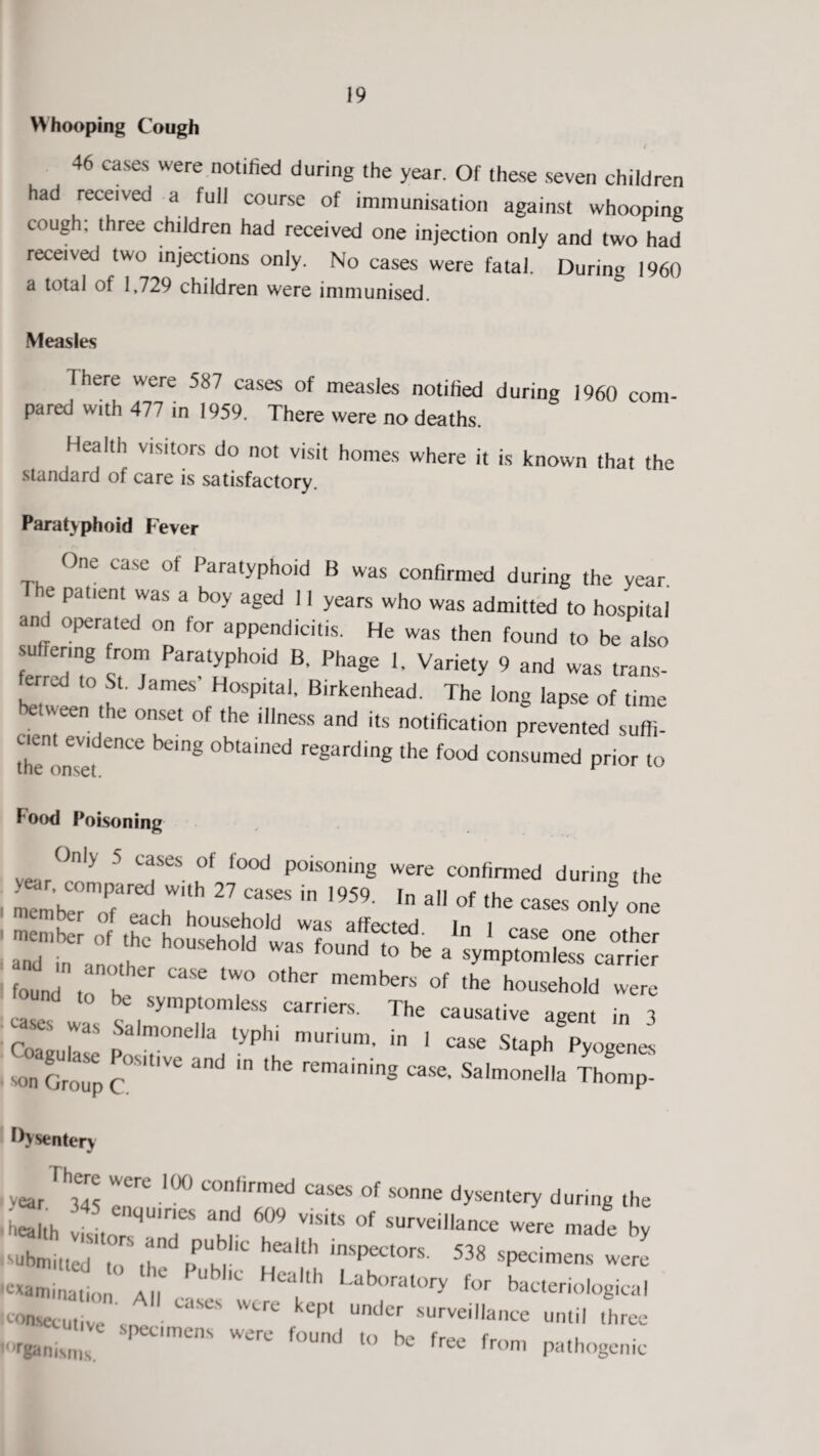 Whooping Cough 46 cases were notified during the year. Of these seven children had received a full course of immunisation against whooping cough: three children had received one injection only and two had received two injections only. No cases were fatal. During 1960 a total of 1,729 children were immunised. Measles There were 587 cases of measles notified during 1960 com¬ pared with 477 in 1959. There were no deaths. Health visitors do not visit homes where it is known that the standard of care is satisfactory. Paratyphoid Fever One case of Paratyphoid B was confirmed during the year. ie patient was a boy aged 11 years who was admitted to hospital and operated on for appendicitis. He was then found to be also fondm Paratj?h0'd B- Phage L Varie£y 9 and was trans- terrui to St. James Hospital, Birkenhead. The long lapse of time etween the onset of the illness and its notification prevented suffi¬ cient evidence being obtained regarding the food consumed prior to Food Poisoning Only 5 cases ot food poisoning were confirmed during the i memberTred tT? ^ ^ a °f the cases on'y andm,n F f°“d *> * found ,o b 0356 T °ther memberS °f the household vvere r:t|S,TteQrTO The causative in 3 r s *3S Sdlm°nella typh. murium, in 1 case Staph Pvoacncs .»guU,. P„llive and „ thl remamin. ^ s>,mone,|a Th*mp Dysentery year 345 !! ^ °f S0ne ***«* during the ■ health ZZTT m f ViSUS °f SUrVeiance Were made by ,subm,t.ej r,h pPUK| C u inSpeCt°rS- 538 specimens were ■examination All 1. Lab°rat0,y for bacteriological :consecutive s ** kCPt Under surveillace until three specimens were found to he free from ,v ti Paganisms. e ,roni Pyogenic