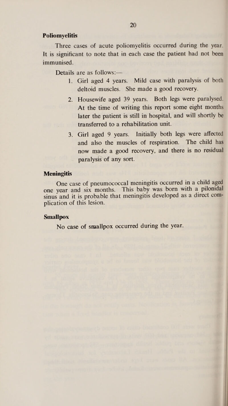 Poliomyelitis Three cases of acute poliomyelitis occurred during the year. It is significant to note that in each case the patient had not been immunised. Details are as follows:— 1. Girl aged 4 years. Mild case with paralysis of both deltoid muscles. She made a good recovery. 2. Housewife aged 39 years. Both legs were paralysed. At the time of writing this report some eight months later the patient is still in hospital, and will shortly be transferred to a rehabilitation unit. 3. Girl aged 9 years. Initially both legs were affected and also the muscles of respiration. The child has now made a good recovery, and there is no residual paralysis of any sort. Meningitis One case of pneumococcal meningitis occurred in a child aged one year and six months. This baby was born with a pilonidal sinus and it is probable that meningitis developed as a direct com¬ plication of this lesion. Smallpox No case of smallpox occurred during the year.