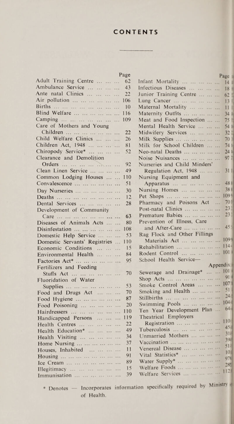 CONTENTS Adult Training Centre . Page ... 62 Infant Mortality . Page s ... 14 f Ambulance Service . ... 43 Infectious Diseases . ... 18 » Ante natal Clinics . 22 Junior Training Centre . ... 62:, Air pollution . ... 106 Lung Cancer . ... 13 V Births . ... 10 Maternal Mortality . ... 11 ‘ Blind Welfare. ... 116 Maternity Outfits . ... 34 ^ Camping . ... 109 Meat and Food Inspection ... ... 75 ■■ Care of Mothers and Young Mental Health Service . ... 54:- Children . ... 22 Midwifery Services . .. 32 Child Welfare Clinics . ... 26 Milk Supplies. ... 70 I Children Act, 1948 . ... 81 Milk for School Children ... ... 74:- Chiropody Service* . ... 52 Neo-natal Deaths . _ 24 - Clearance and Demolition Noise Nuisances . ... 97 1 Orders .. ... ... 92 Nurseries and Child Minders’ Clean Linen Service . ... 49 Regulation Act, 1948 . ... 31' Common Lodging Houses ... ... no Nursing Equipment and Convalescence. ... 51 Apparatus . ... 481 Day Nurseries. ... 30 Nursing Homes . ... 381 Deaths . ... 12 Pet Shops . ... 1091 Dental Services . 28 Development of Community Care . 63 Diseases of Animals Acts . 80 Disinfestation . 108 Domestic Help Service . 53 Domestic Servants’ Registries ... 110 Economic Conditions . 15 Environmental Health . 84 Factories Act*. 95 Fertilizers and Feeding Stuffs Act . 70 Fluoridation of Water Supplies . 53 Food and Drugs Act . 70 Food Hygiene . 87 Food Poisoning . 20 Hairdressers . 110 Handicapped Persons . 119 Health Centres . 22 Health Education* . 49 Health Visiting . 34 Home Nursing. 37 Houses, Inhabited . 11 Housing. 91 Ice Cream . ^9 Illegitimacy . 15 Immunisation . 39 Pharmacy and Poisons Act ... 70' Post-natal Clinics . 23 Premature Babies . 23 Prevention of Illness, Care and After-Care . 45 Rag Flock and Other Fillings Materials Act . 109fi Rehabilitation . 114 Rodent Control . 1^1 < School Health Service— Appendix Sewerage and Drainage* . 101 Shop Acts . Smoke Control Areas . 102 Smoking and Health . -*'l Stillbirths . Swimming Pools . 104 Ten Year Development Plan ... 64^ Theatrical Employers Registration . **0 Tuberculosis . Unmarried Mothers . Vaccination. * Venereal Disease. * Vital Statistics* . 9 I Water Supply* . Welfare Foods. Welfare Services . * ^ Denotes — Incorporates information specifically required by Mmisirv » of Health.